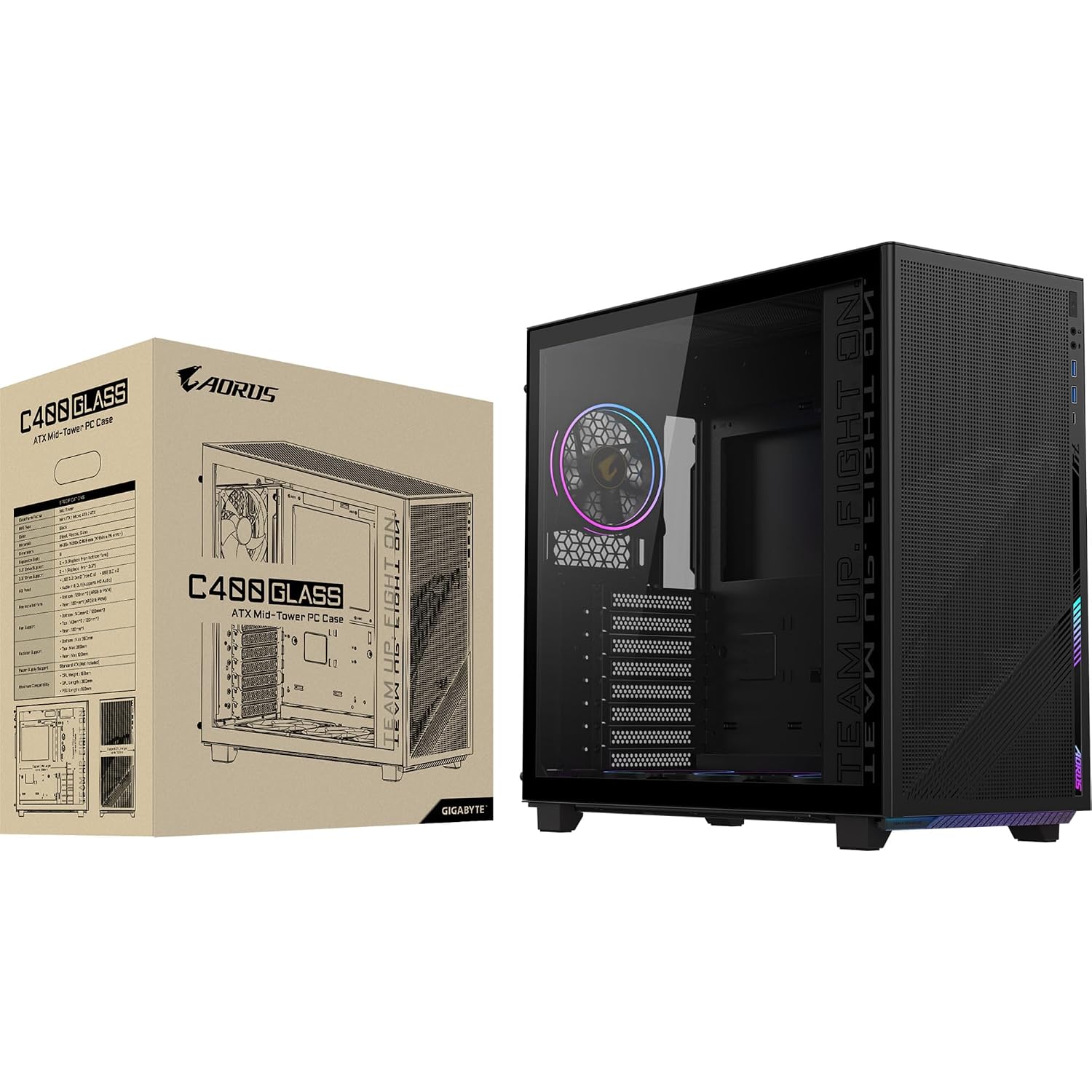 GIGABYTE GB-AC400G Mid Tower Gaming Cabinet | Mesh Front Panel | Tempered Glass Side | Supports ATX, Micro ATX, Mini ITX | Pre-Installed 4 Fans | USB 3.0 | High Airflow – Black