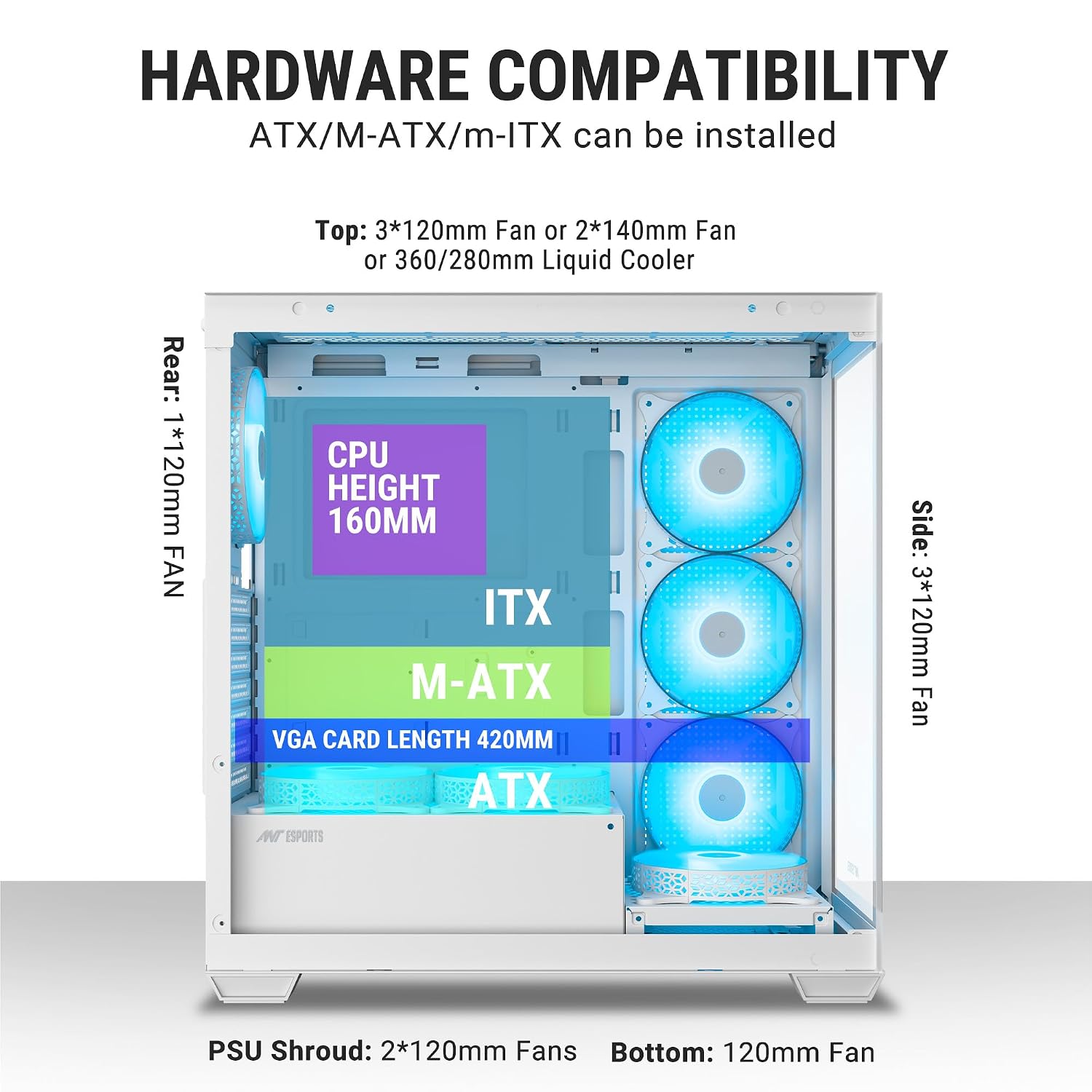 Ant Esports Crystal X7 ATX Computer Case/Gaming Cabinet with Type-C - White | Support ATX, Micro-ATX, Mini-ITX | Pre-Installed 3 M/B Plate Fans, 2 PSU Shroud Fans, 1 Bottom & 1 Rear Fan