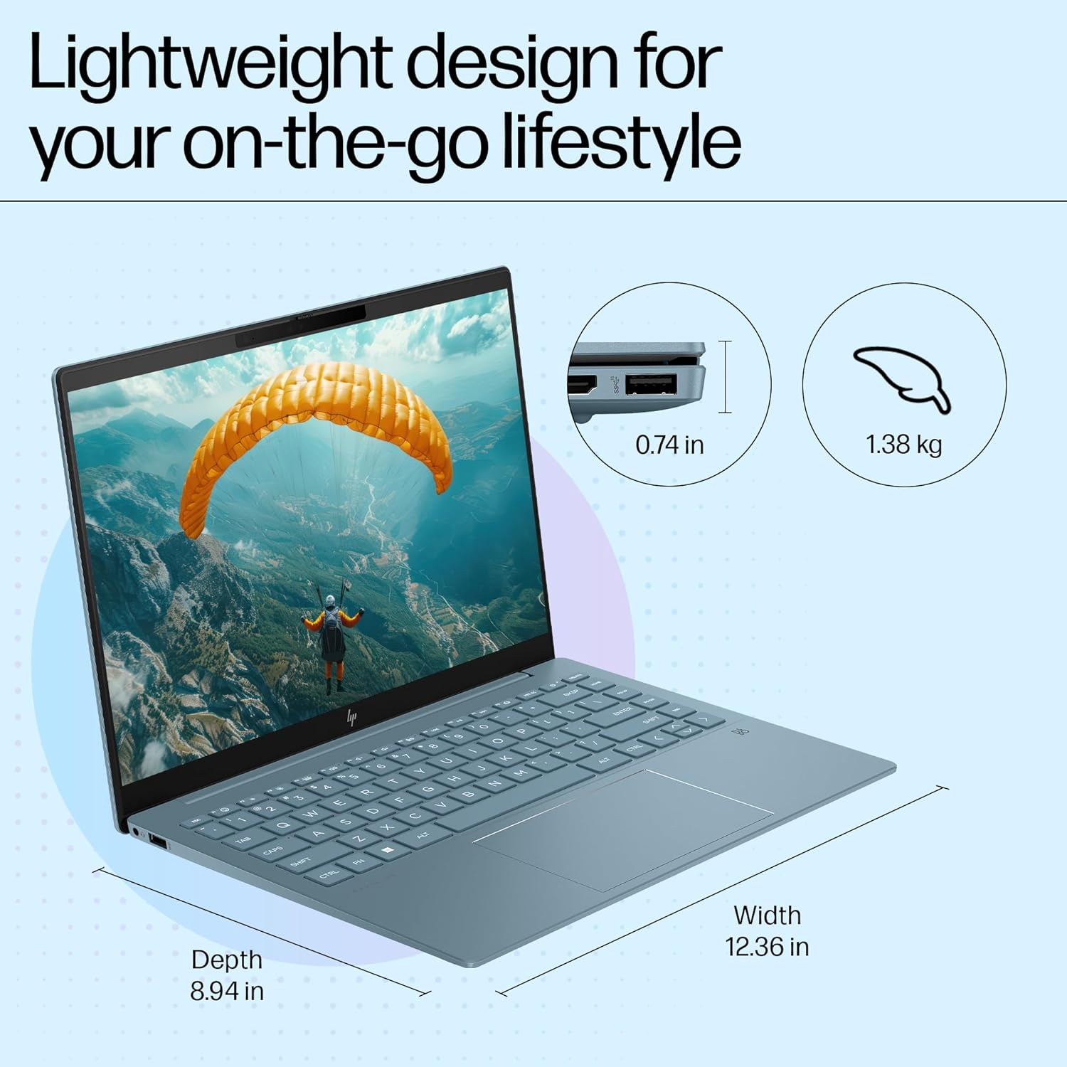 HP Pavilion Plus, 13th Gen Intel Core i5-1335U, 16GB LPDDR5x, 512GB SSD, (Win 11, Office 21, Blue, 1.38kg), Anti-Glare, 14-inch (35.6cm), WUXGA Laptop, Intel Iris Xe Graphics, 5MP IR Camera, ew0115TU