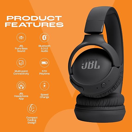 JBL Tune 520BT Wireless On Ear Headphones with Mic, Upto 57H Battery, Speed Charge : 5 Min Charge Gives Up to 3H of Playback, Multipoint Connect, Customizable Bass with Headphones App, BT 5.3 (Black) - Zapnet.in