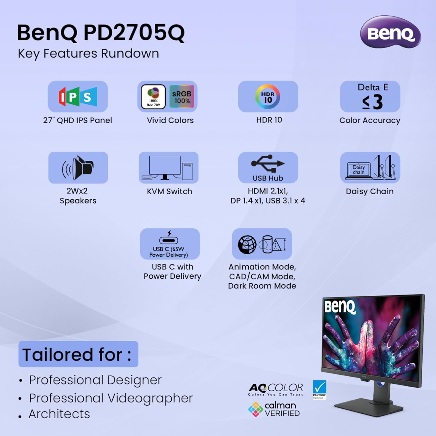BenQ PD2705Q 27" 2560x1440 QHD 60Hz IPS|HDR10| 100% sRGB & Rec.709|Pantone Validated|Calman Verified|Daisy Chain|Animation Mode|DesignVue Color Accurate Monitor|Auto Pivot|HDMI|DP|USB-C(65W) (Black)