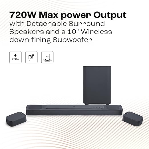 JBL Bar 800 Pro, 7.1 (5.1.2) Channel Truly Wireless Soundbar with True Dolby Atmos® 3D Surround Sound, 10” Down-Firing Wireless Subwoofer, PureVoice, HDMI eARC, Bluetooth, Wi-Fi & Optical Input (720W) - Zapnet.in