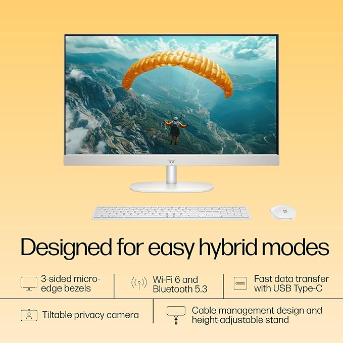 HP All-in-One Desktop 24 PC, AMD Ryzen 5 7520U, 16 GB LPDDR5, 512GB SSD, 60.5 cm (23.8"), Dual 2W Speakers,Windows 11,MSO, Shell White, 5.27 kg, 24-cr0025in - Zapnet.in