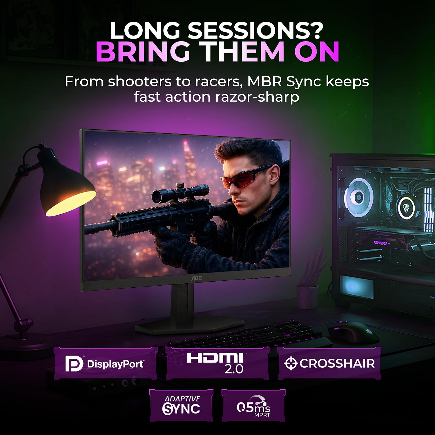 AOC 24G42E Gaming Monitor 24 inch FHD Fast IPS Gaming Monitor, 180Hz Refresh Rate, 0.5ms Response Time, Adaptive Sync, HDR10, Flicker-Free Technology, HDMI 2.0 & DisplayPort 1.4 Connectivity (Black)