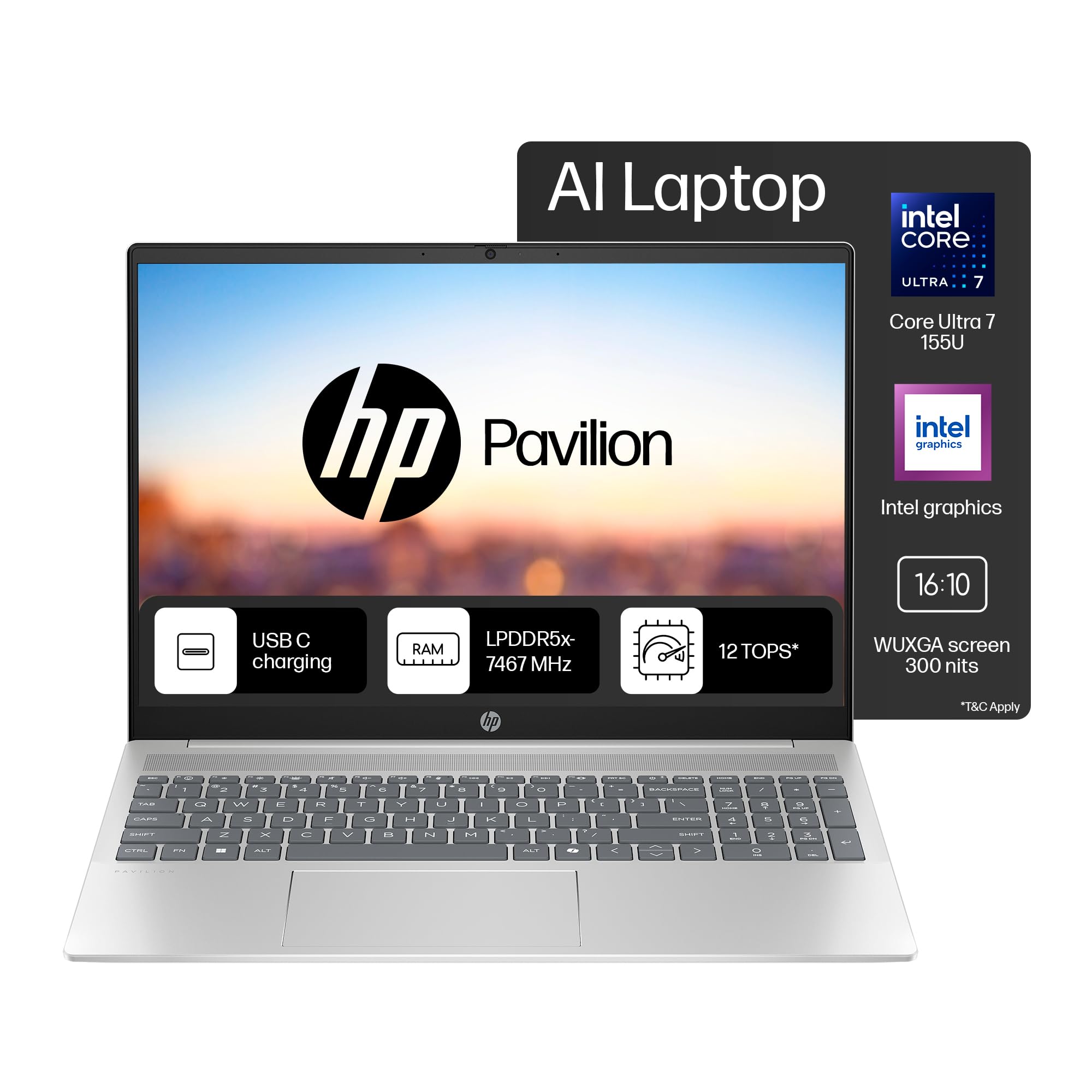 HP Pavilion AI Laptop, Intel Core Ultra 5 125U, 10-12 TOPS, 16GB DDR5, 512GB SSD, IPS, Anti-glare, 2K, WUXGA, 16inch (40cm), Intel graphics, 1080p FHD camera (Win11, Office21, Silver, 1.77kg) af0015TU