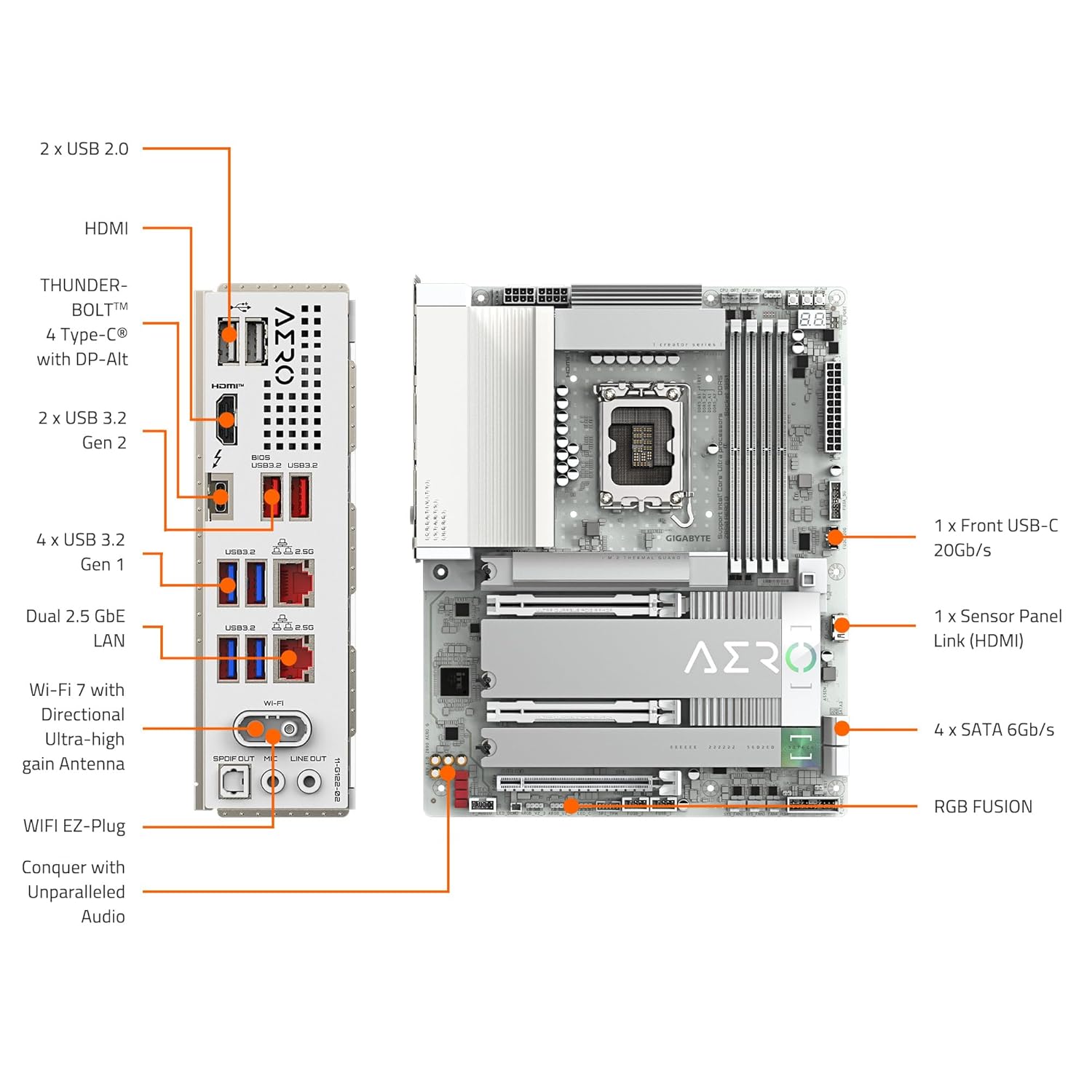 GIGABYTE Z890 AERO G Intel Core Ultra (Series 2) LGA 1851 Motherboard, ATX, DDR5, 5xM.2, PCIe 5.0, Thunderbolt 4, WIFI7, Dual 2.5Gbe LAN, EZ-Latch