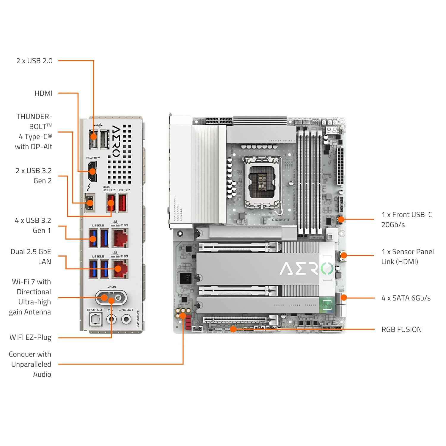 GIGABYTE Z890 AERO G Intel Core Ultra (Series 2) LGA 1851 Motherboard, ATX, DDR5, 5xM.2, PCIe 5.0, Thunderbolt 4, WIFI7, Dual 2.5Gbe LAN, EZ-Latch