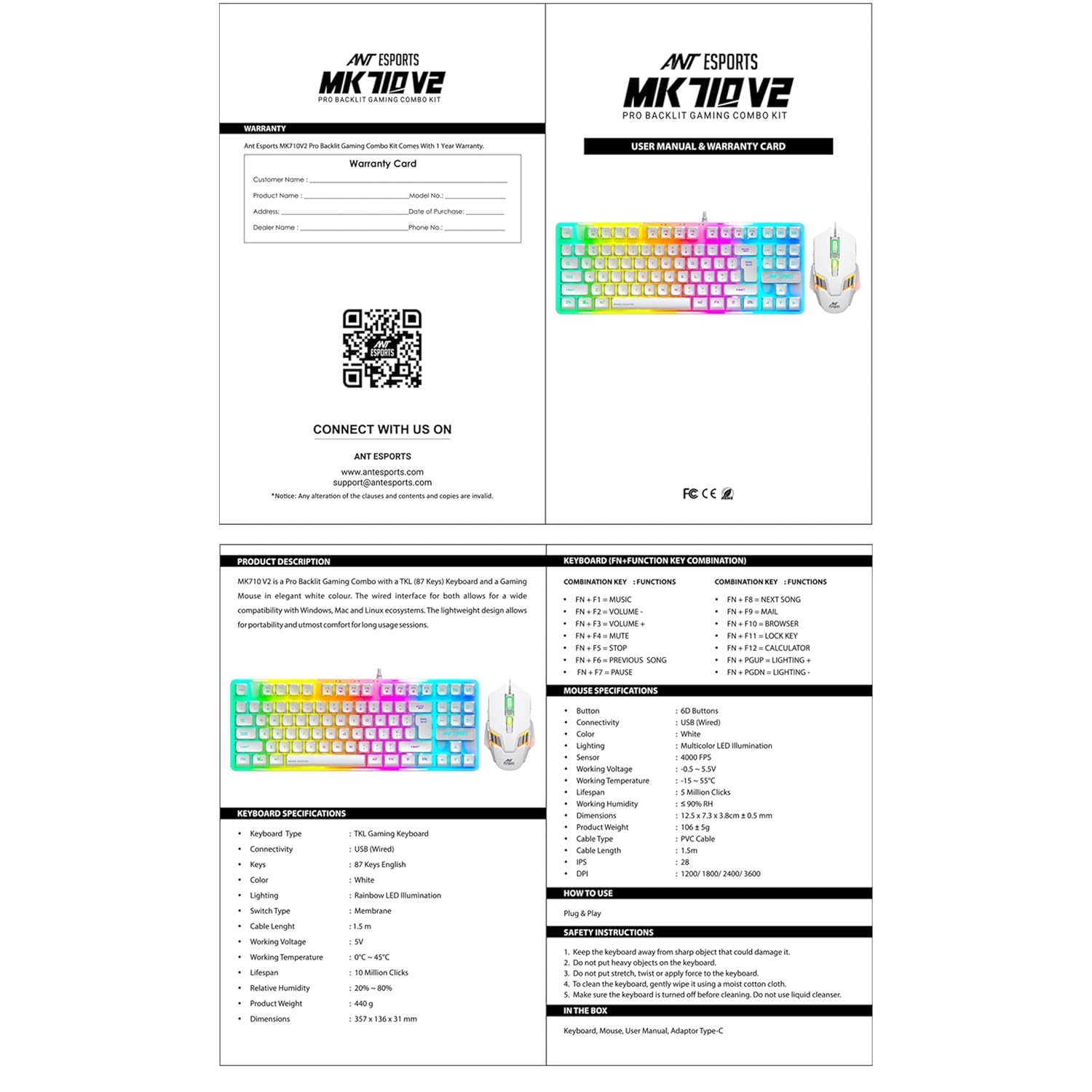 Ant Esports MK710 V2 Membrane TKL Wired Gaming Keyboard Mouse Combo 87 UV Coated Mechanical feel Keys Cool RGB Backlight Keyboard,1200-3600 DPI Aero-Jet RGB Gaming Mouse with Type C Adapter_ Mercury