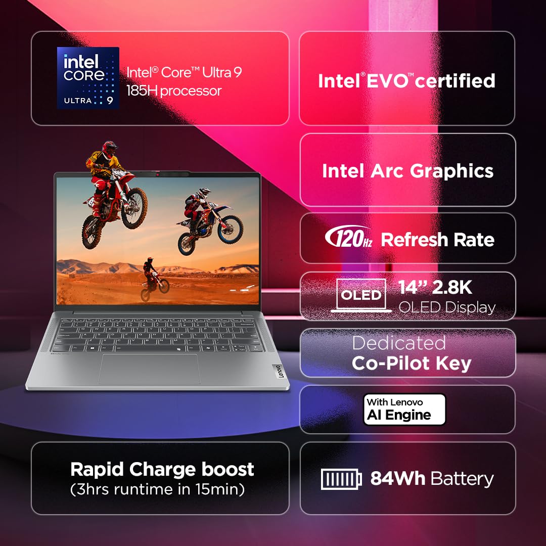 Lenovo IdeaPad Pro 5, Intel Core Ultra 9 185H, 32GB RAM, 1TB SSD, 2.8K-OLED 400Nits 120Hz, 14"/35.5cm, Windows 11, MS Office 21, Grey, 1.4Kg, 83D2001GIN,IntelArc GPU, FHD+IRCam, AI Powered Laptop