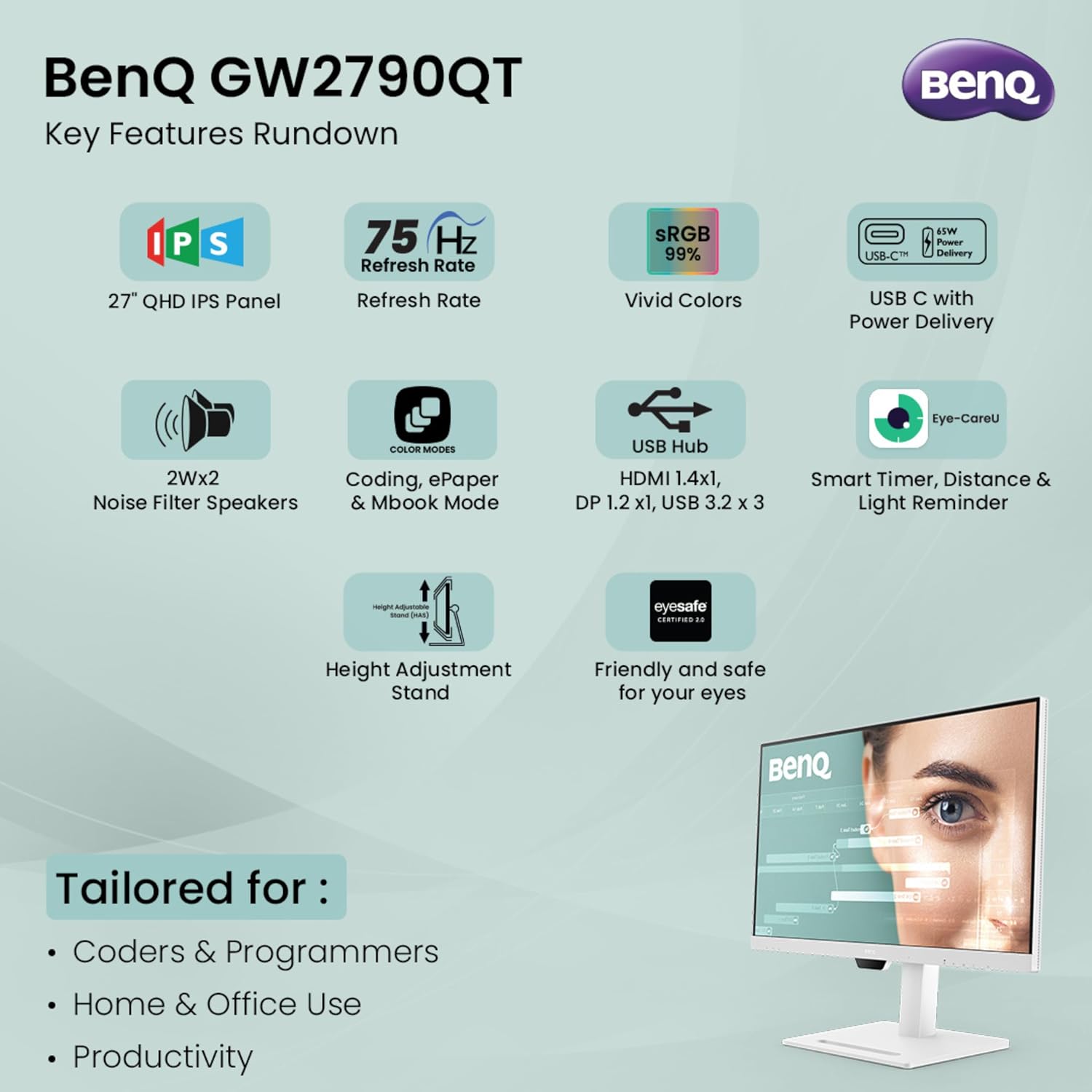 BenQ GW2790QT 27" IPS 2k QHD Monitor| USB-C (65W PD)| Coding Mode| 99%sRGB|Daisy Chain| Height Adjust| 75Hz| Eye Safe Certified| Brightness Intelligence| Noise Filter Speakers| HDMI|DP|USB Hub (White)