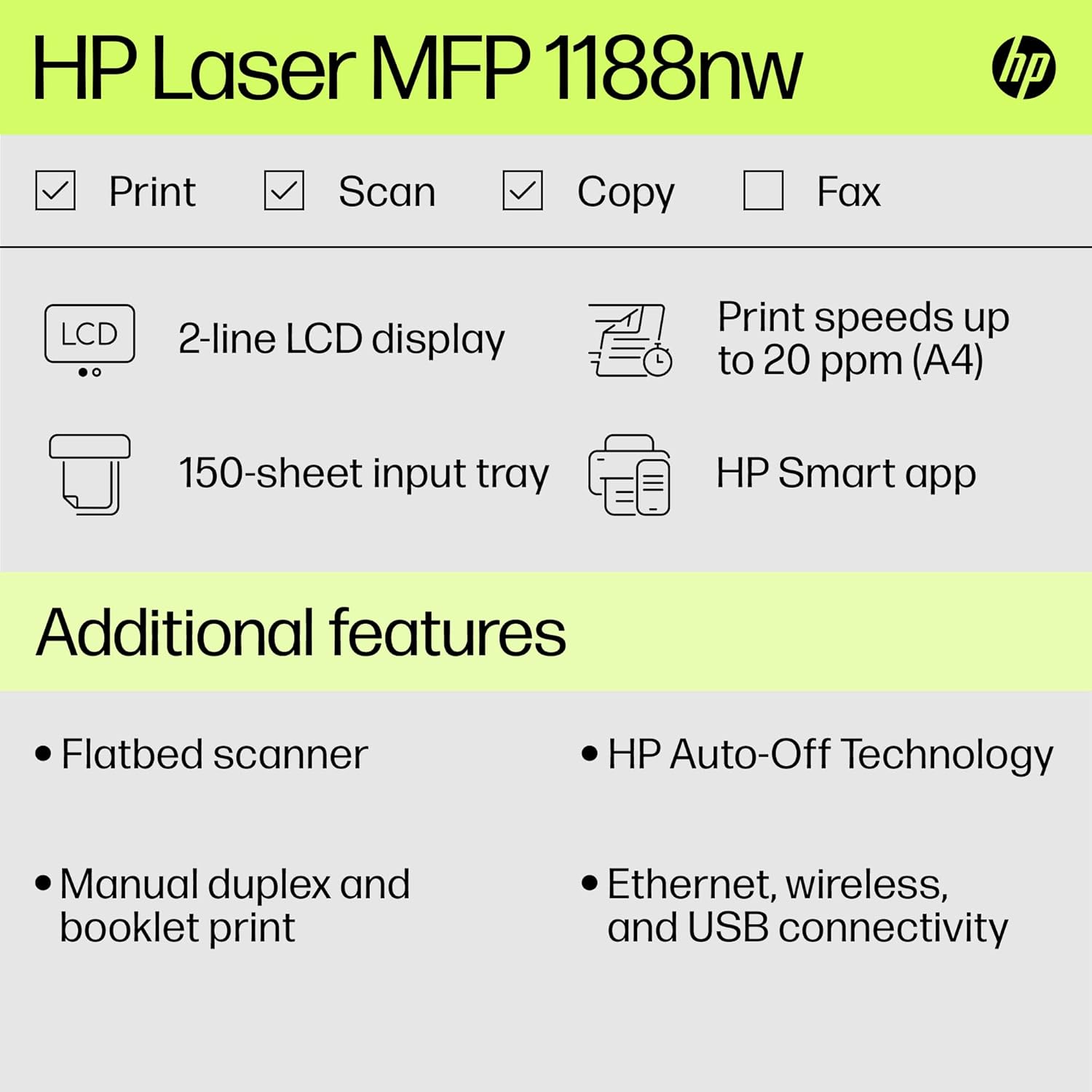 HP Laserjet 1188nw WiFi Monochrome Printer, Print Copy Scan, Compact Design, Reliable and Fast Printing, Network Support,White