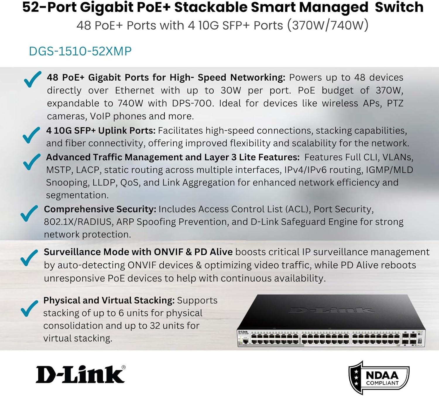 D-Link 52-Port Gigabit Stackable Smart Managed PoE+ Switch with 10G Uplinks | 48 PoE+ (740W) + 4 10GbE SFP+ Ports| L2+/L3 Lite |VLANs |Web Managed |Surveillance Mode | NDAA Compliant (DGS-1510-52XMP)
