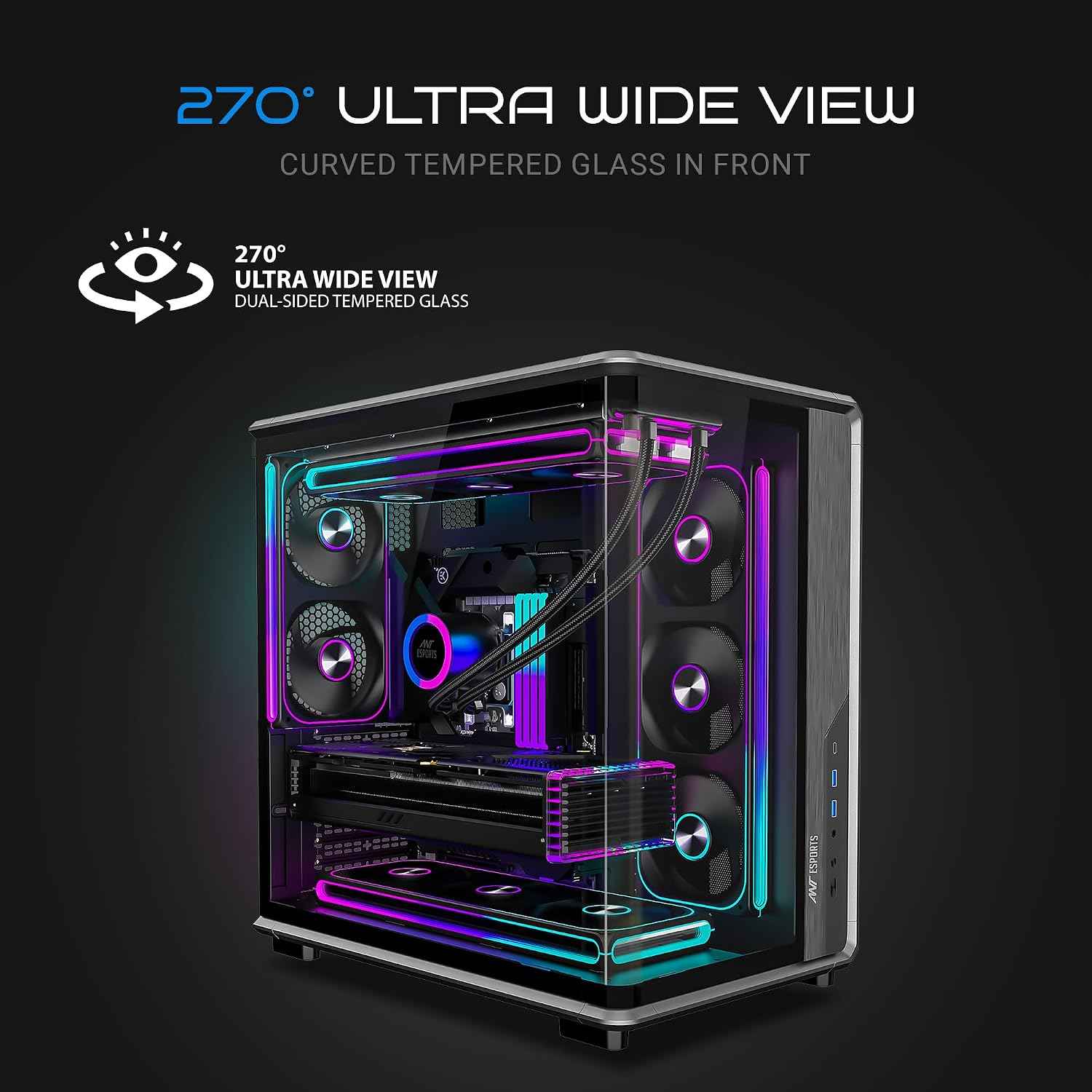 Ant Esports Crystal X8 Arc Mid Tower Gaming Cabinet | Panoramic 270° Tempered Glass, Supports BTF Back-Connect ATX Motherboards, Pre-Installed 8X 120mm ARGB Fans, 360mm AIO Support | Black