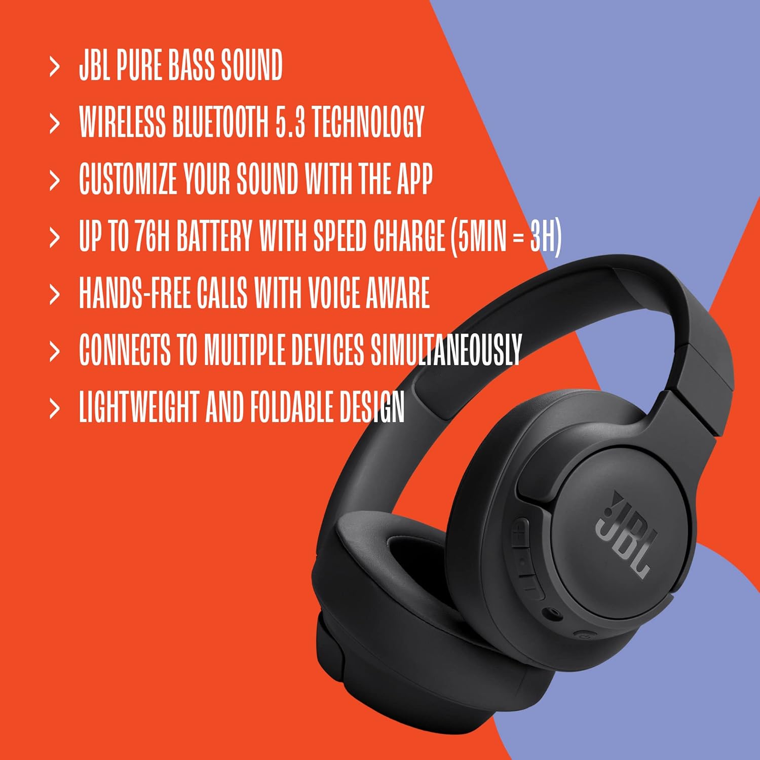BL Tune 720BT Wireless Over Ear Headphones with Mic, Pure Bass Sound, Upto 76 Hrs Playtime, Speedcharge, Dual Pairing, Customizable Bass with Headphones App, Lightweight, Bluetooth 5.3 - Zapnet.in