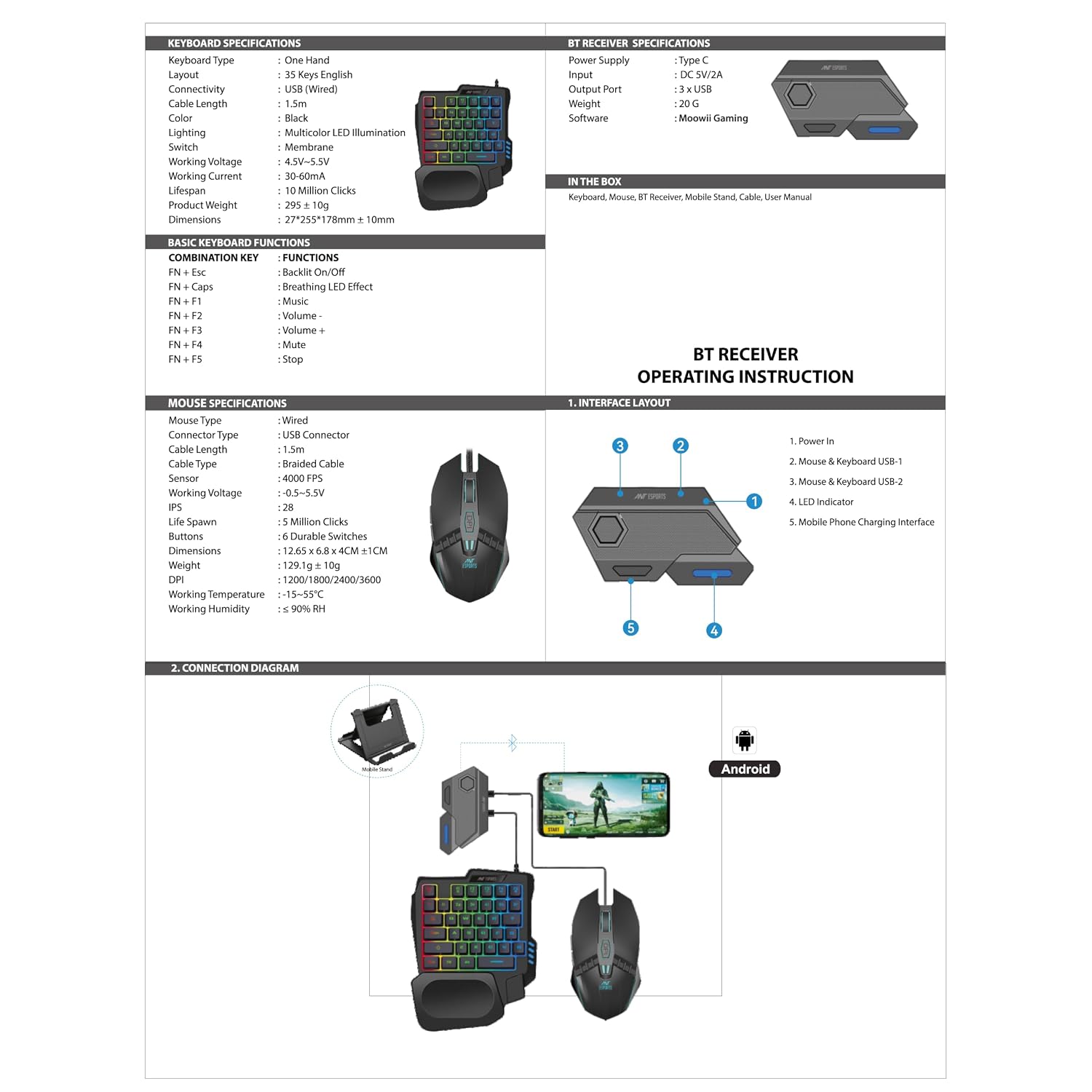Ant Esports MG401 4-in-1 RGB Keyboard & Mouse Combo with One-Hand Keypad, 3600 DPI Optical Mouse, Bluetooth Receiver & Phone Stand for Android, BGMI, Free Fire & Call of Duty
