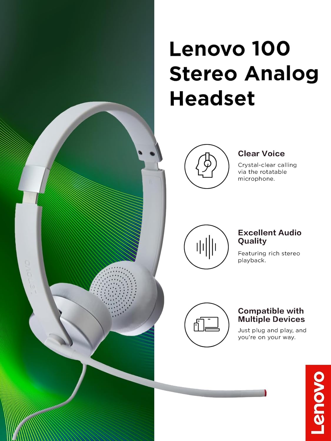 Lenovo 100 Stereo Analogue Wired On Ear Headphones with Mic, Memory-Foam earcups, 30 mm Driver | Computer/PC or Laptop Headphone (Cloud Grey)