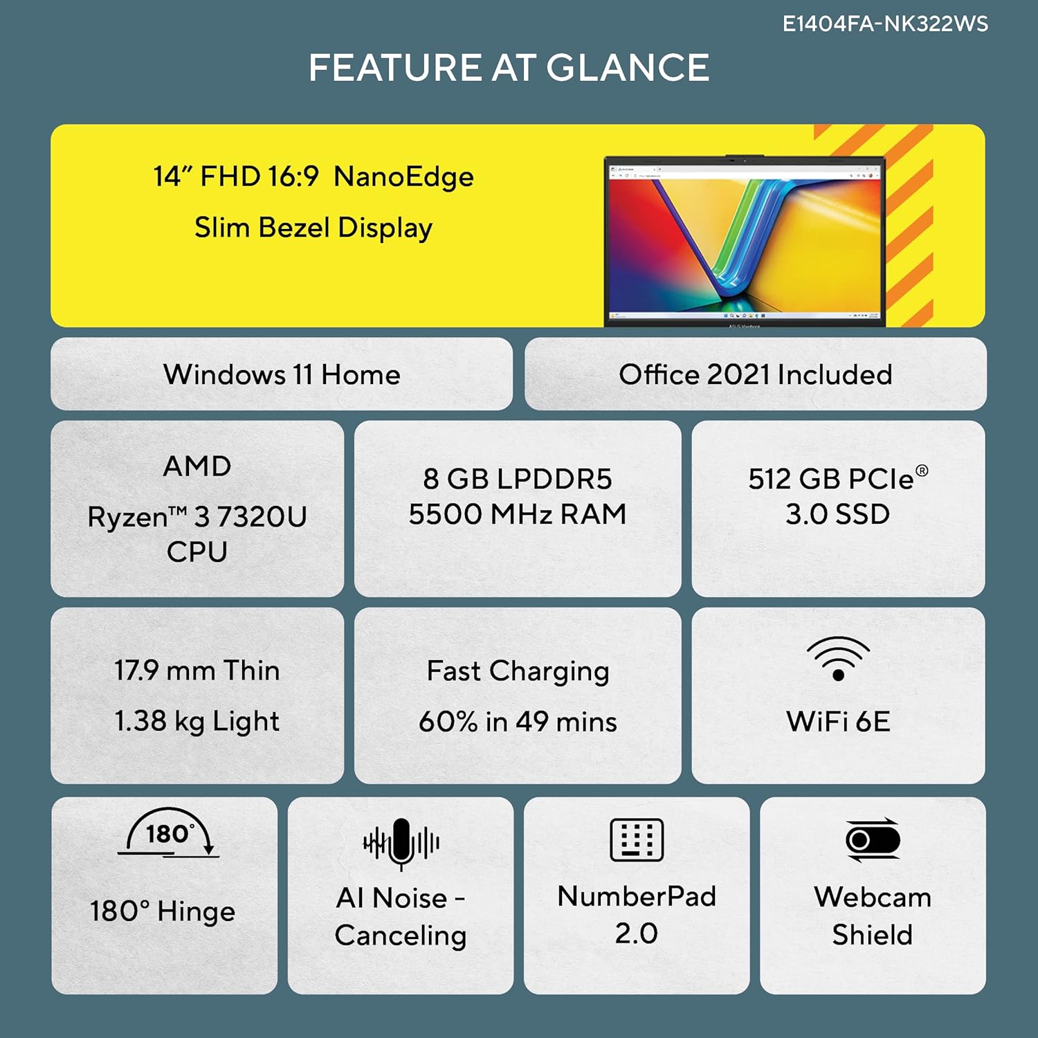 ASUS Vivobook Go 14 (2023), AMD Ryzen 3 7320U, 14-inch (35.56 cm) FHD, Thin & Light Laptop (8GB/512GB SSD/Windows 11/Office 2021/Alexa Built-in/Mixed Black/1.38 kg), E1404FA-NK322WS