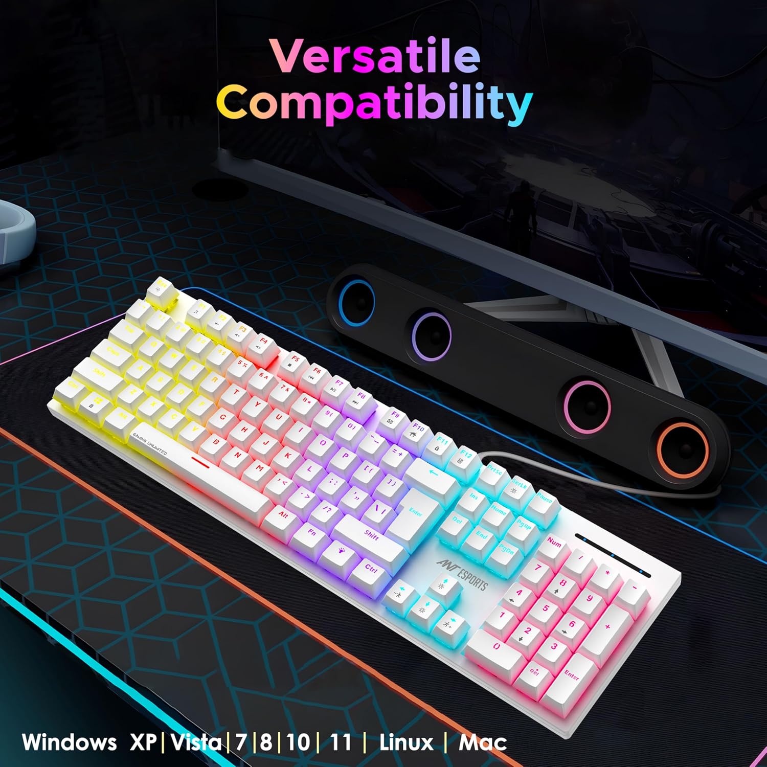 Ant Esports MK3400 Pro V3 Mechanical RGB Gaming Keyboard, 104 Keys-Brown Switch, Multicolour Backlit, Anti-Ghosting, USB Wired, Media Keys, 12 LED Modes, for PC, Mac, Windows, Linux – White