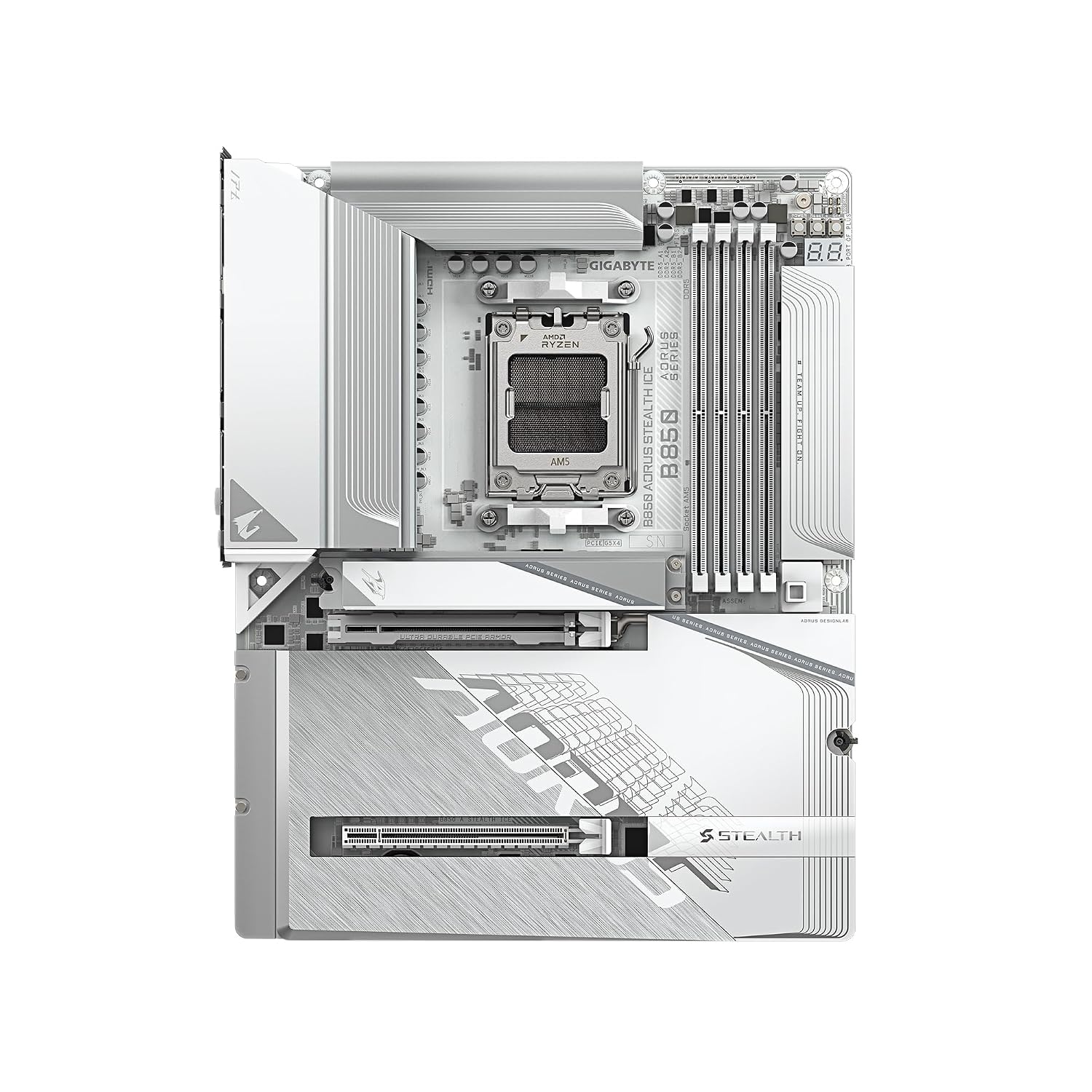 GIGABYTE B850 AORUS Stealth ICE AMD AM5 Motherboard, ATX, DDR5, 4X M.2, PCIe 5.0, USB-C, WIFI7, 5GbE LAN, EZ-Latch,