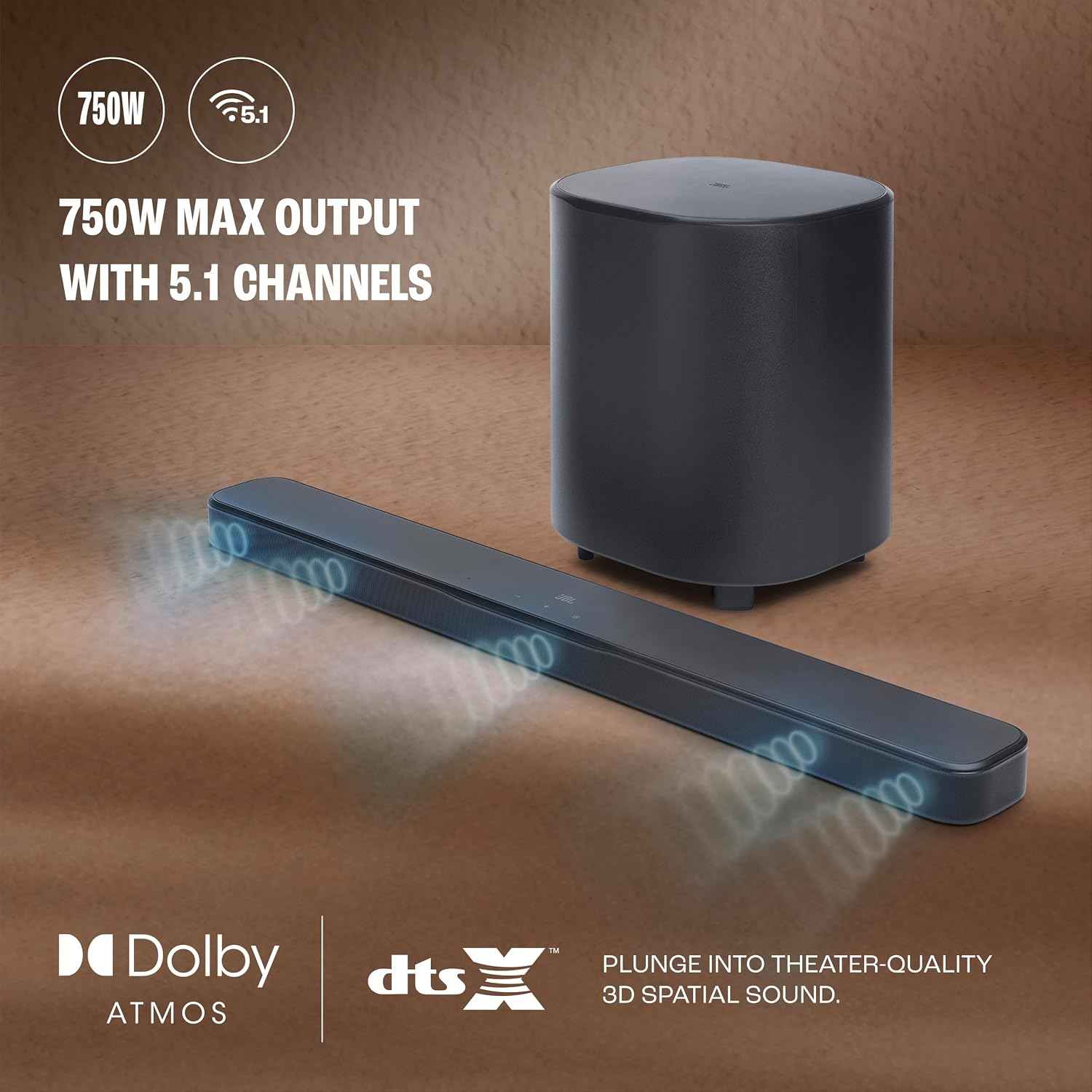 JBL New Launch Bar 500 MK2, Dolby Atmos® Soundbar with Wireless Subwoofer, 5.1 Channel, 3D Surround, Multibeam™, HDMI eARC with 4K Dolby Vision Pass-Through, Bluetooth, Wi-Fi, One App, 750W