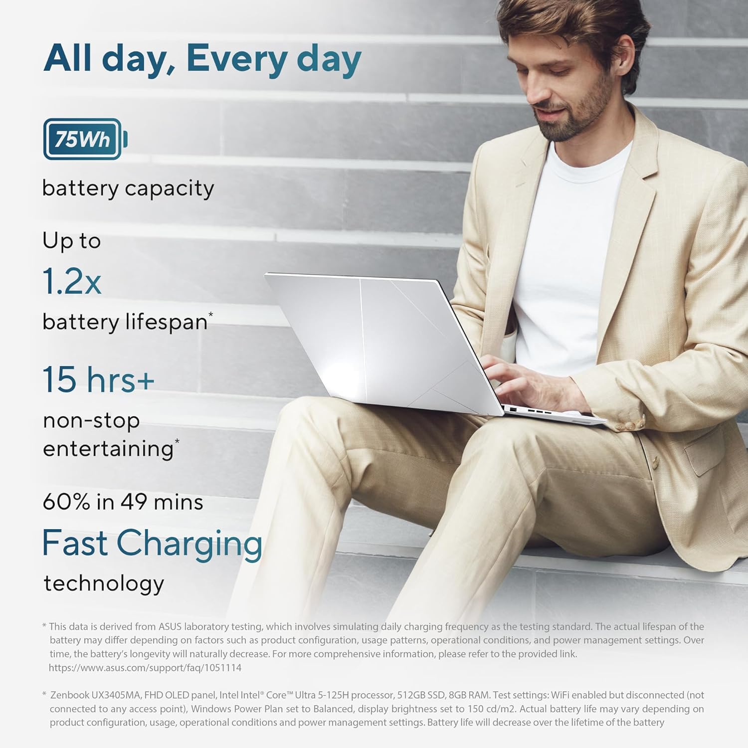 ASUS Zenbook 14, Intel Core Ultra 7, 16GB RAM, 1TB SSD, 3K OLED 16:10 120Hz, 14", Windows 11, Office 2021, Foggy Silver, 1.28KG, UX3405MA-PZ751WS, Backlit, Touchscreen, 75WHr AI Powered Laptop