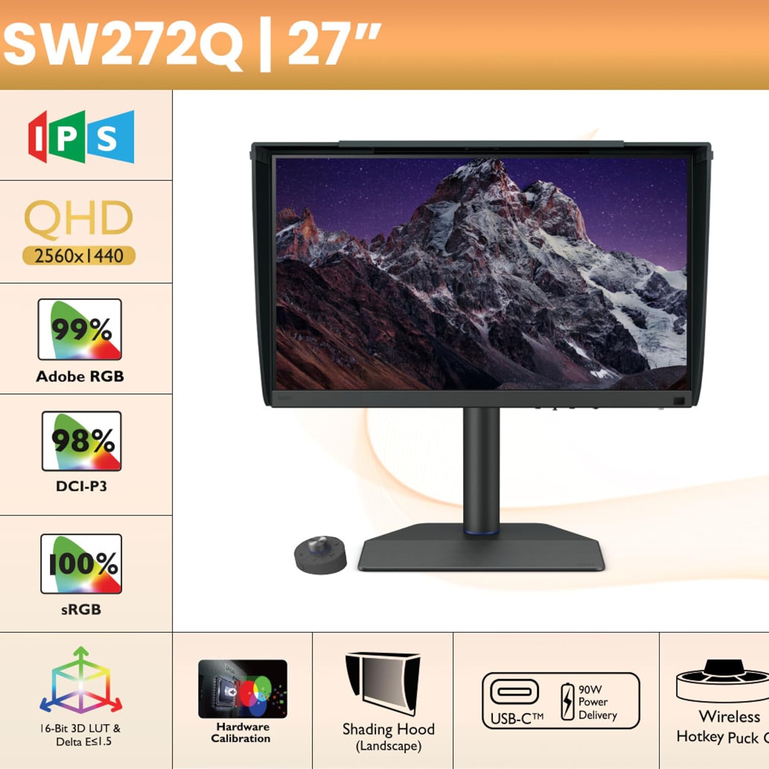 BenQ SW272Q 27" 2560X1440p 2K|Pro Photo&Video Editing| IPS| 99% AdobeRGB| 98% P3|HDR 10|H/W Calibration|Pantone Validated|DeltaE<1.5|Hdmi|DP|Card Reader|USB-C(90W)Shading Hood|Wireless Controller|Grey