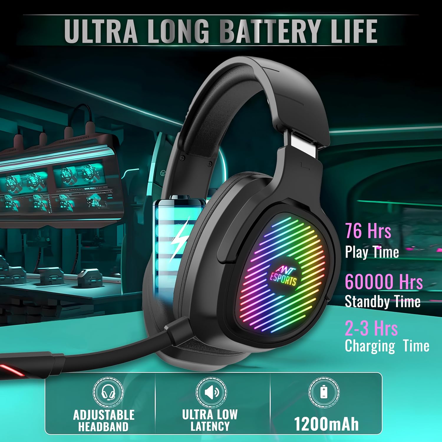 Ant Esports Stealth 10 Smartchoice Wireless Gaming Headset, 2.4GHz & BT 5.4 Connectivity, Noise Cancelling Mic RGB Lighting 50mm Drivers, 35Hr Battery, Low Latency Audio, Multi-Platform PC PS5 PS4 Mac