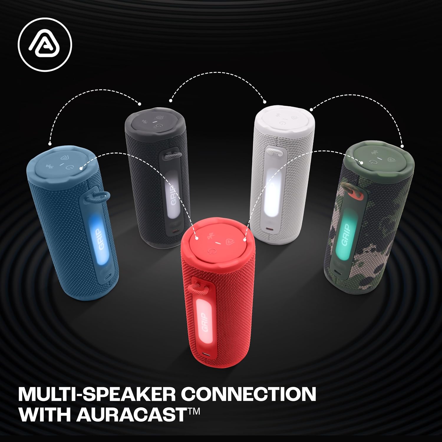 JBL Grip Wireless Portable Bluetooth Speaker, JBL Pro Sound with AI Sound Boost, IP68 Waterproof/Dustproof, Ambient Light, Upto 14H Playtime, Auracast Multi-Speaker Connection, Black