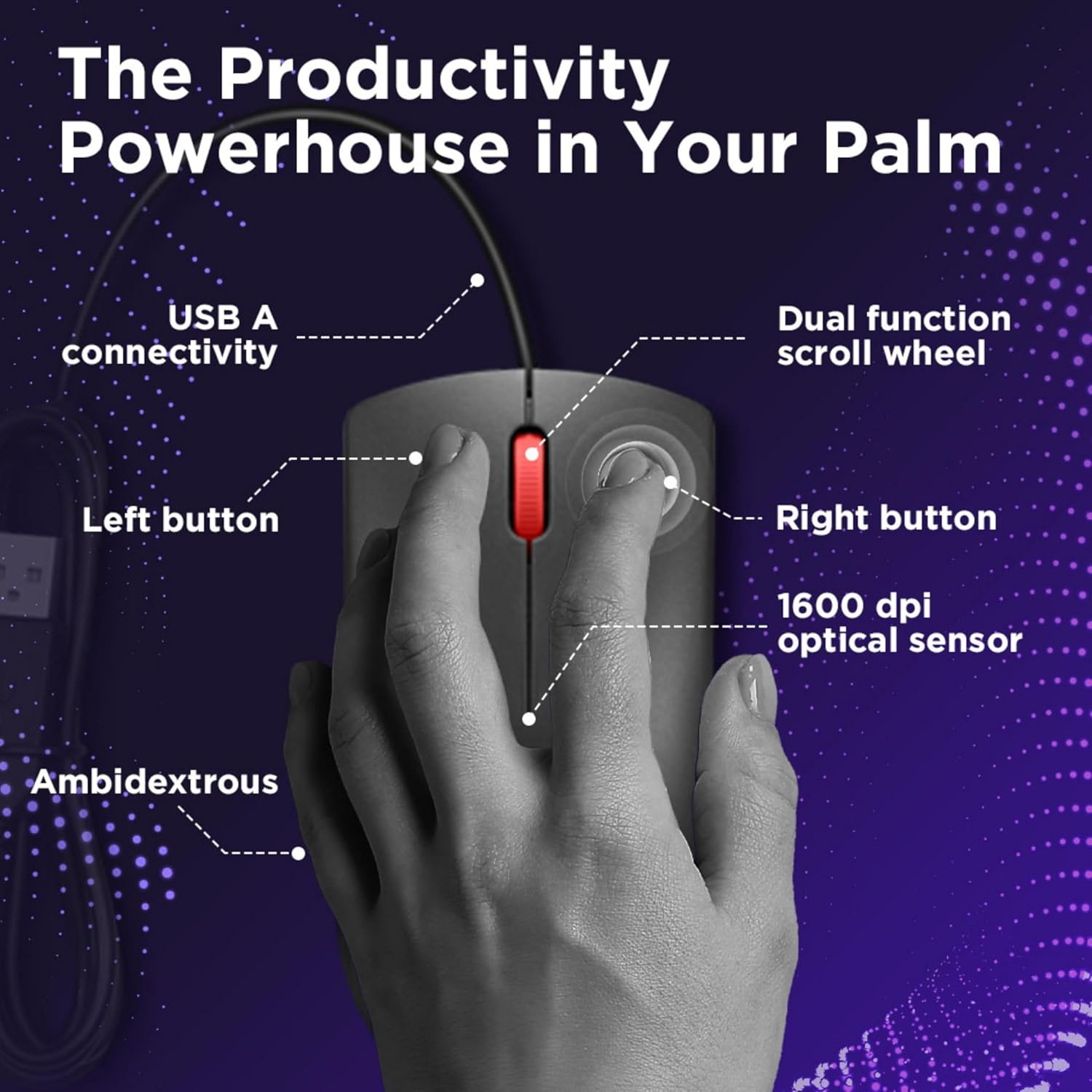 Lenovo 120 Wired Plug & Play USB Mouse, High Resolution 1600 DPI Optical Sensor, 3-Button Design with clickable Scroll Wheel, Ambidextrous, Ergonomic Mouse for Comfortable All-Day Grip (GY51L52636)