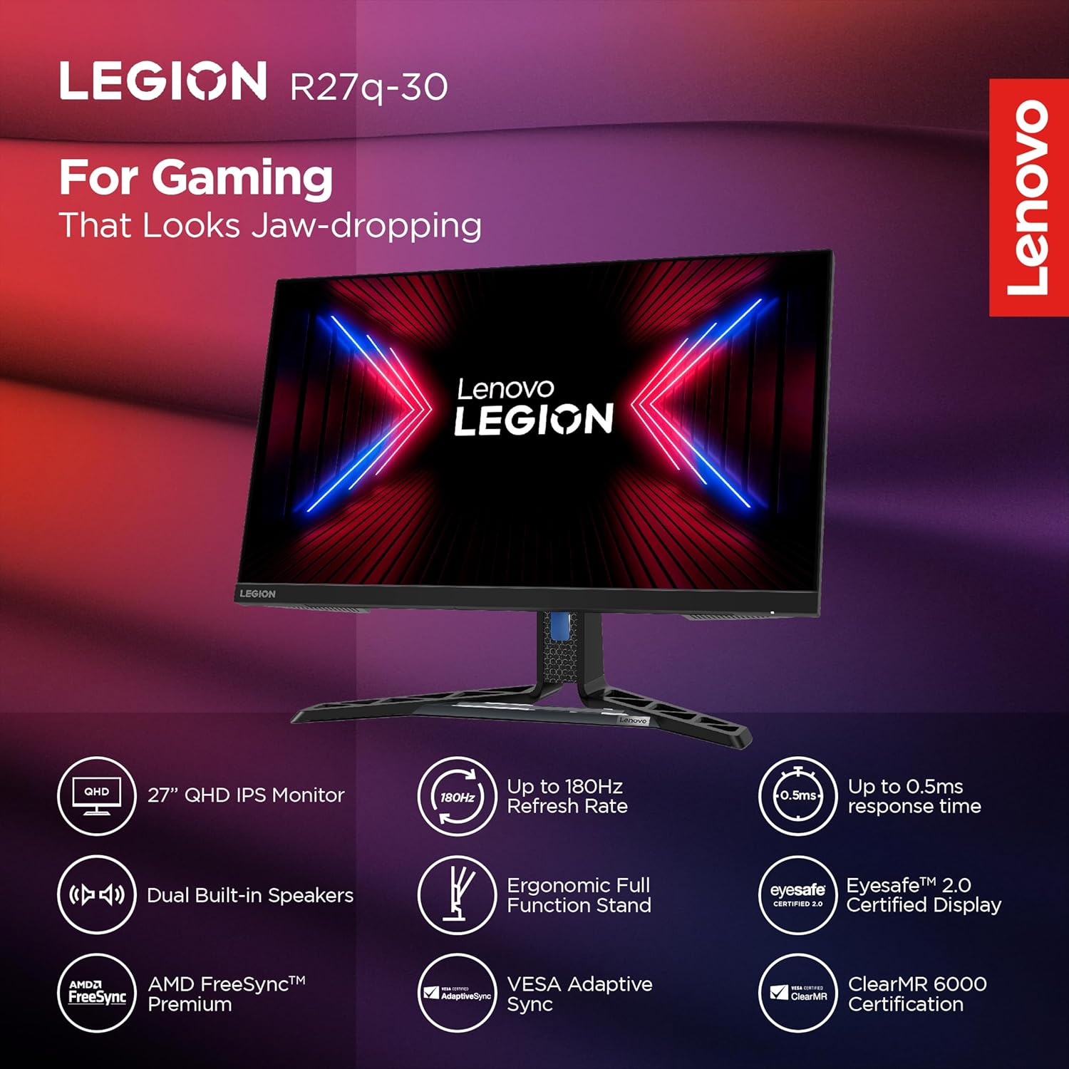 Lenovo Legion R27q-30 | 27 Inch (68.58cm) 180Hz 2K QHD Gaming Monitor | 0.5ms, AMD FreeSync, 99%sRGB, 90% DCI-P3, 3Wx2 Speaker, 2xHDMI, 1xDP|Tilt, Swivel, Pivot, Height Adjust Stand, Black, 67B4GAC1IN