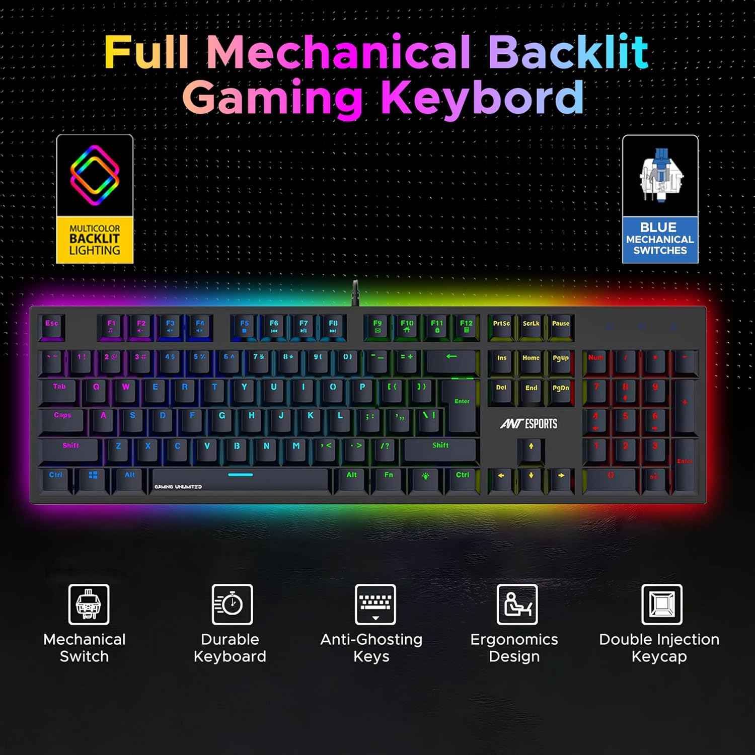 Ant Esports MK3400 V3 Pro Mechanical Gaming Keyboard RGB LED 104 Keys Blue Switch Anti Ghosting Full Size Wired USB PC Keyboard Removable Double Shot Keycaps Ergonomic for PC, Laptop and Mac (Black)