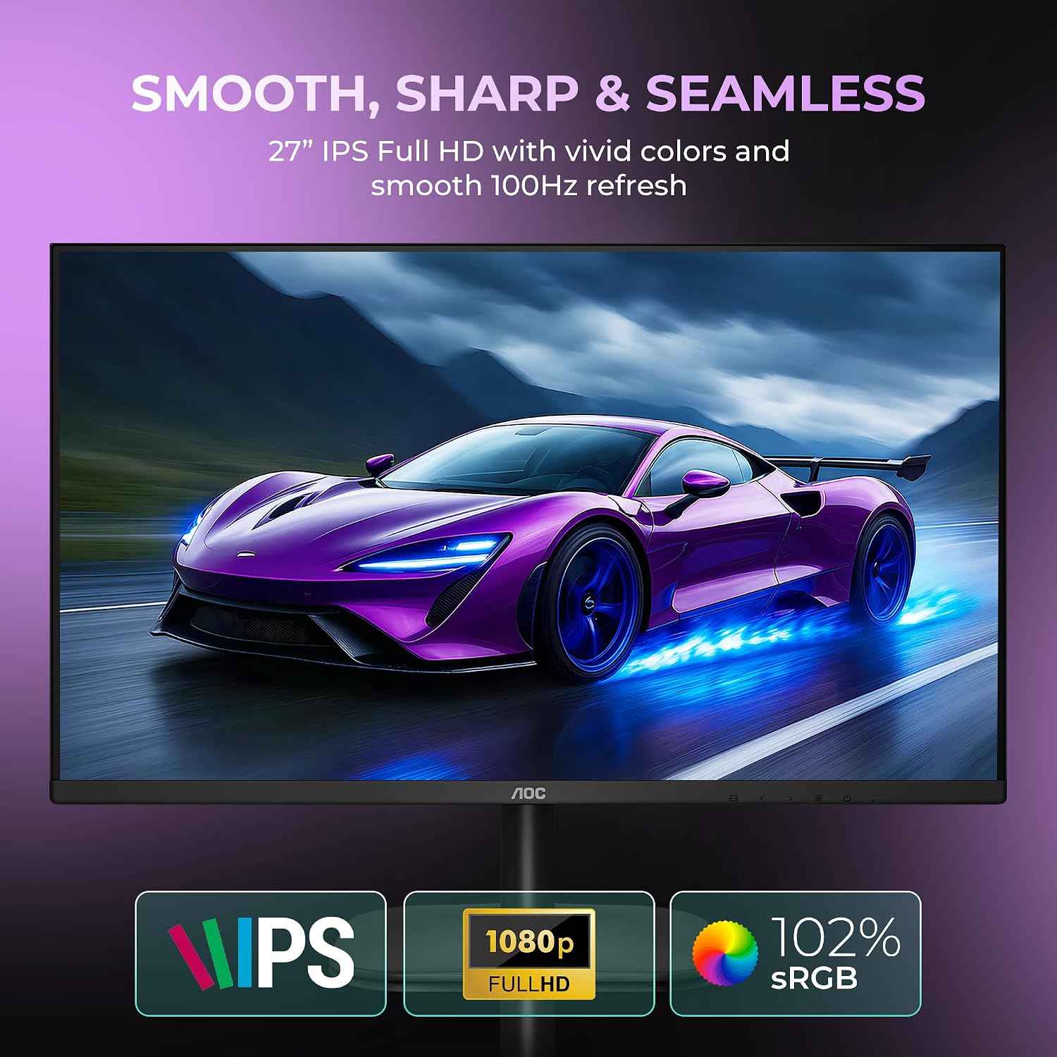 AOC 27B2H2 27 inch Monitor 1920 x 1080 Full HD IPS Panel, 100Hz Adaptive Sync 3-Sided Frame Less Design, 178° Wide Viewing Angle, Flicker-Free, Low Blue Light, Multi-Tasking Monitor