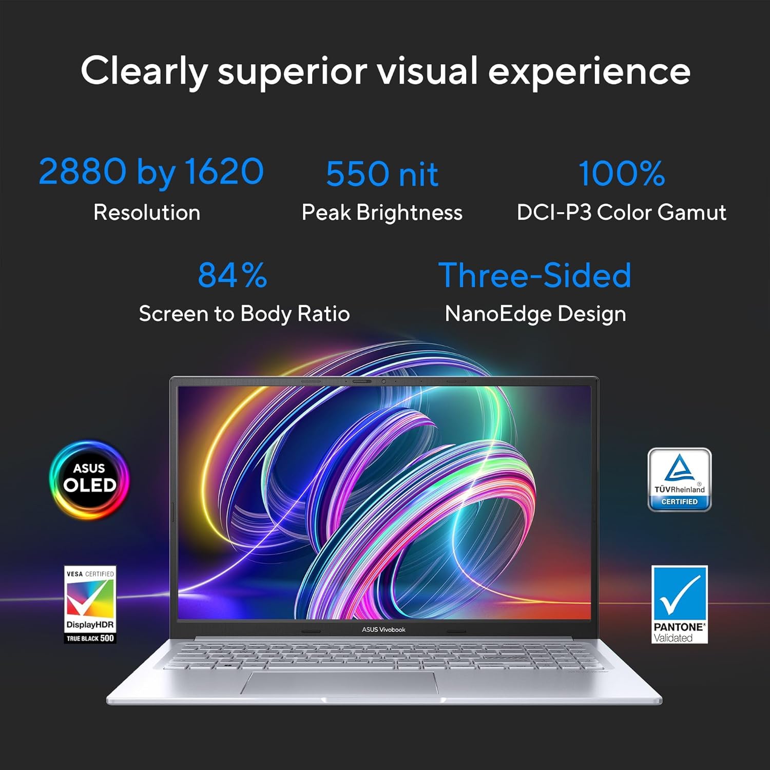 ASUS Vivobook 15X OLED,2.8K (2880 x 1620) 16:9,Intel Core i5-1335U Processor 1.3 GHz,Thin & Light Laptop (16GB RAM/512GB SSD/Windows 11/Office Home/50Whr Battery/Cool Silver/1.60 kg),K3504VAD-MA542WS