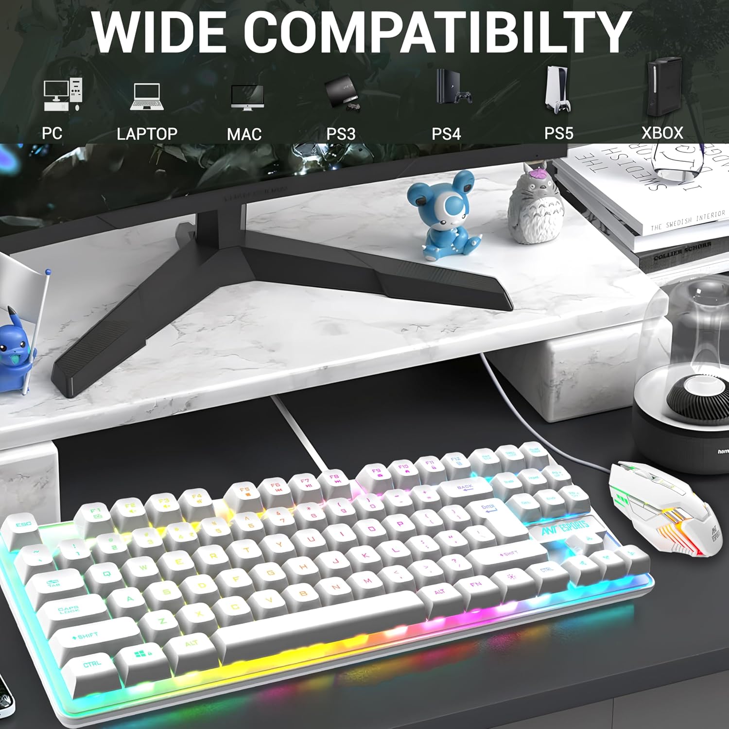 Ant Esports MK710 V2 Membrane TKL Wired Gaming Keyboard Mouse Combo 87 UV Coated Mechanical feel Keys Cool RGB Backlight Keyboard,1200-3600 DPI Aero-Jet RGB Gaming Mouse with Type C Adapter_ Mercury
