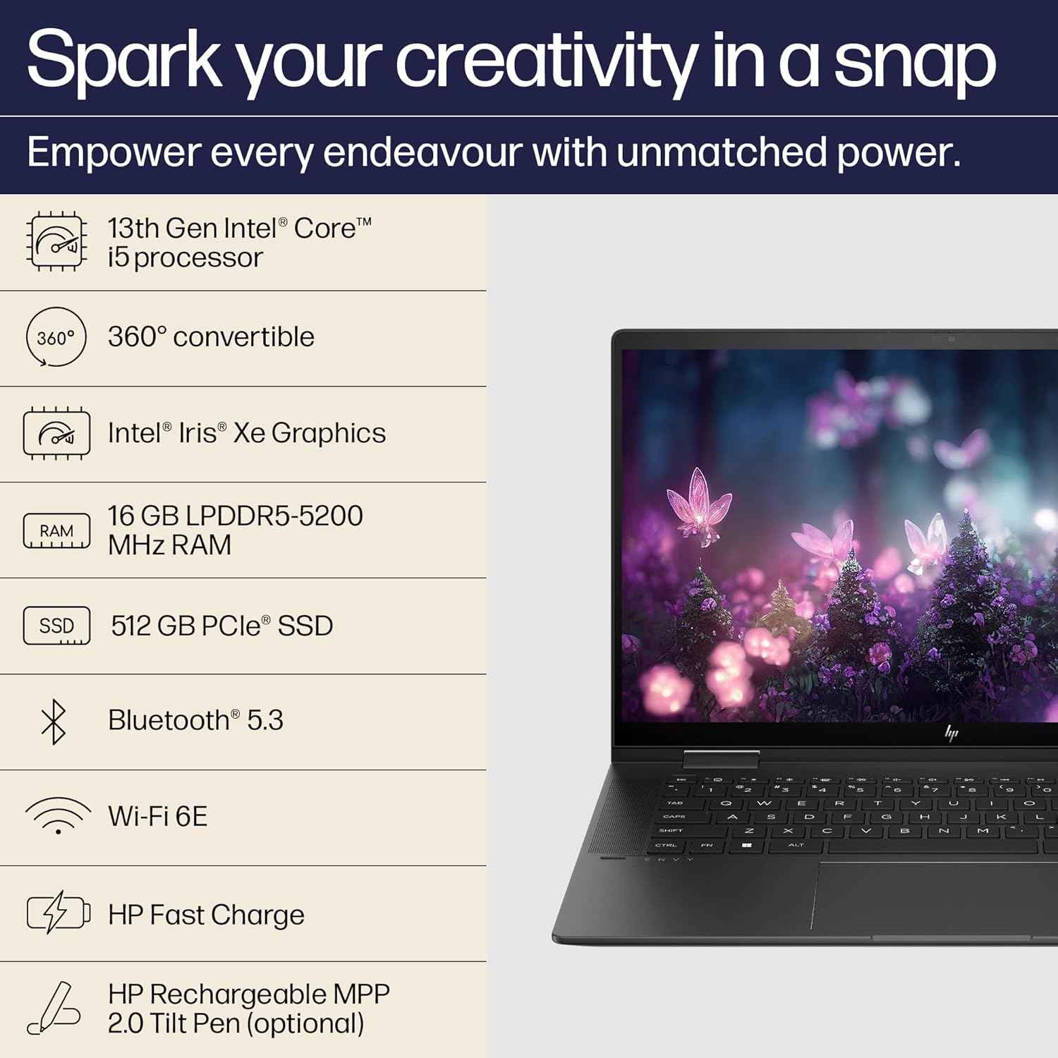 Refurbished HP Envy x360, 13th Gen Intel Core i5-1335U, 15.6-inch (39.6 cm) FHD,Creator Laptop,16GB LPDDR5, 512GB SSD, Intel Iris Xe Graphics, 5MP IR Camera, B&O, Pen (Win 11,MSO, Black, 2.14 kg), 15-fe0027TU
