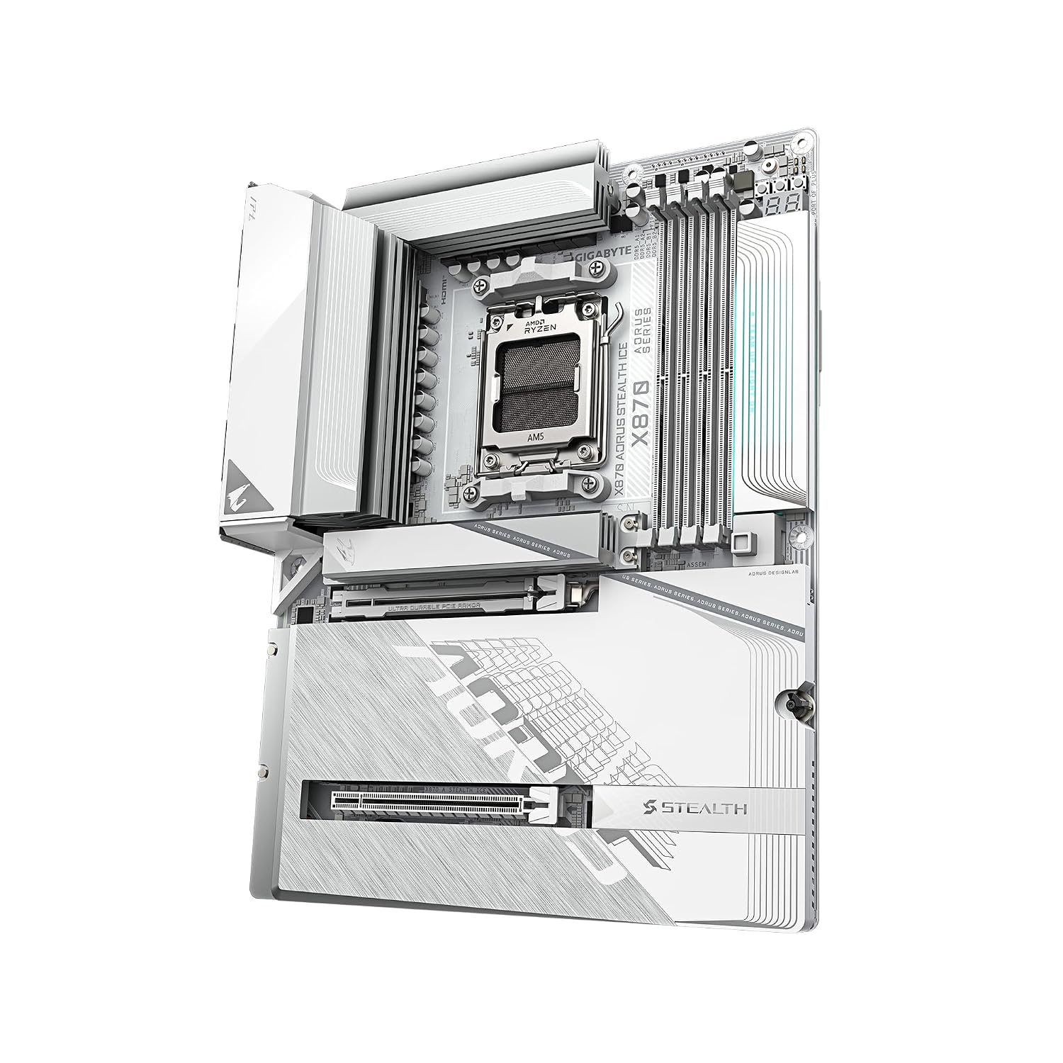 GIGABYTE X870 AORUS Stealth ICE AMD AM5 Motherboard, ATX, DDR5, 4X M.2, PCIe 5.0, 2xUSB-4,USB-C, WIFI7, 5GbE LAN, EZ-Latch