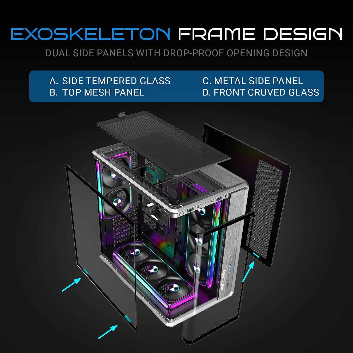 Ant Esports Crystal X8 Arc Mid Tower Gaming Cabinet | Panoramic 270° Tempered Glass, Supports BTF Back-Connect ATX Motherboards, Pre-Installed 8X 120mm ARGB Fans, 360mm AIO Support | Black