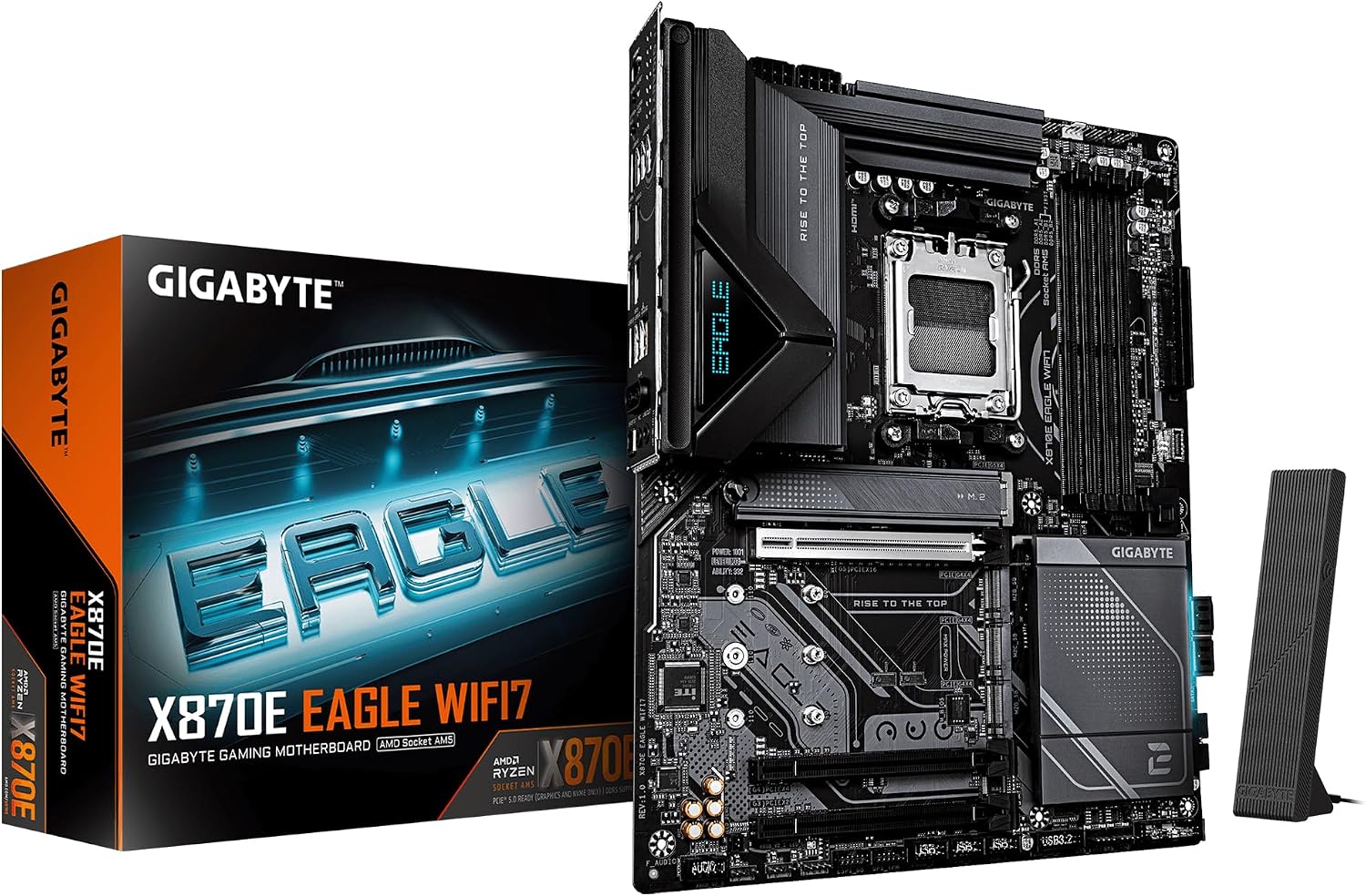 GIGABYTE X870E EAGLE WIFI7 Motherboard - Supports AMD Ryzen 9000 CPUs, 16+2+2 Phases Digital VRM, up to 8200Hz DDR5 (OC), 1xPCIe 5.0 + 3xPCIe 4.0, Wi-Fi 7, 5GbE LAN, USB 4