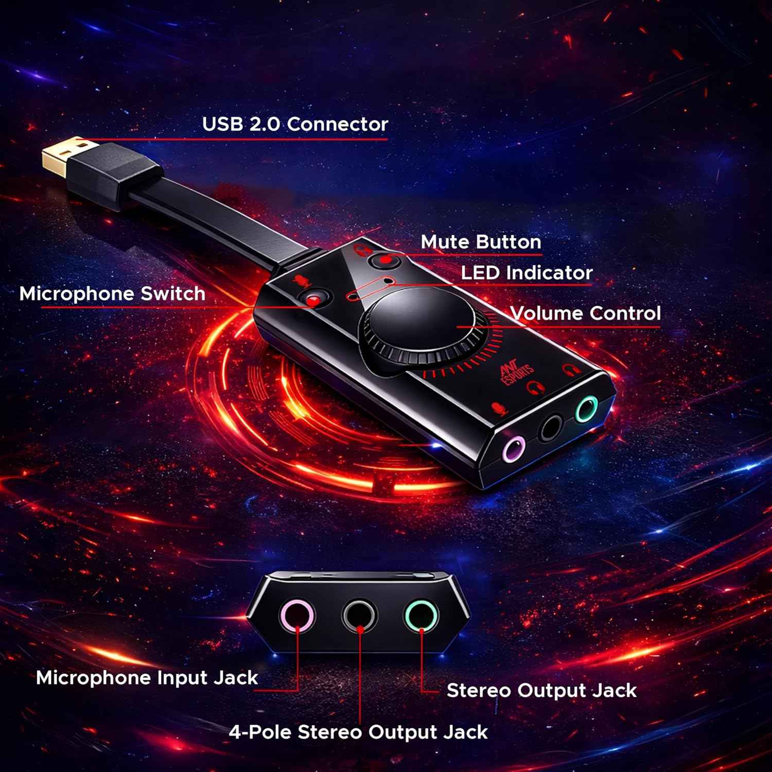 Ant Esports 7.1 USB Gaming Sound Card, 7.1 Channel External Audio Adapter Stereo Sound Card Converter 3.5mm AUX Microphone Jack for Gaming Headset Earphone PS4 Laptop Desktop Windows Mac OS Linux, Plug Play