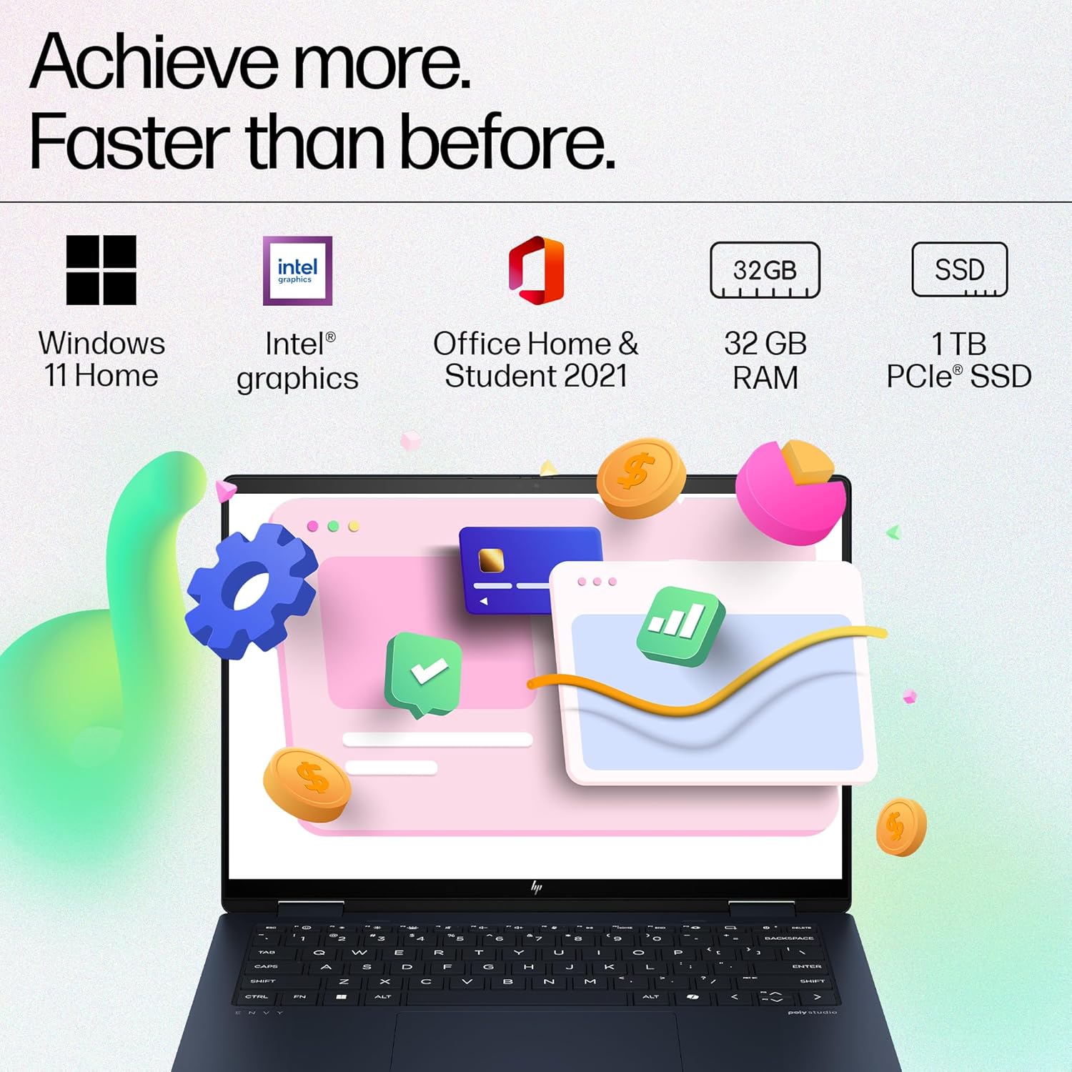 HP Envy X360 Convertible, Enhanced by AI, Intel 14th Gen Evo Core Ultra 7 155U, 14-inch (35.6 cm), 2.8K OLED, 400 nits, 32GB, 1TB SSD, Touch, 5MP IR Camera, (Win 11 Home+MSO, Blue,1.44 Kg), FC0100TU