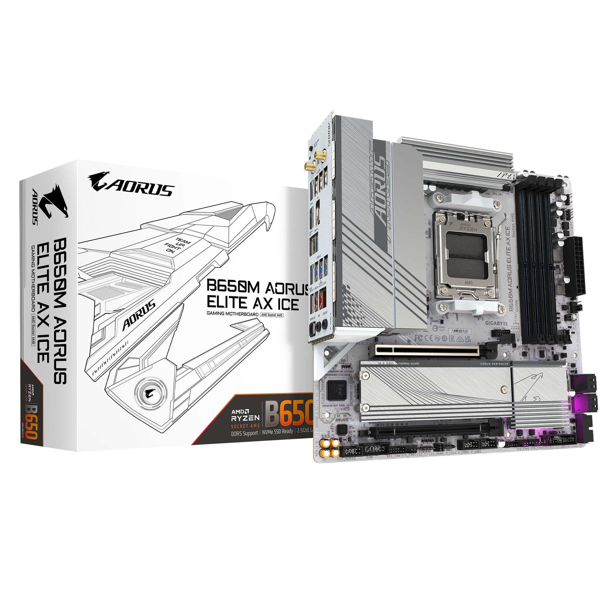 GIGABYTE B650M AORUS Elite AX AMD AM5 mATX Motherboard, Support Ryzen 9000/8000/7000 Series, DDR5, 12+2+2 Power Phase, PCIe 5.0 M.2, USB-C 3.2 Gen 2, WIFI6E, 2.5GbE, EZ-Latch, Q-Flash, RGB Fusion