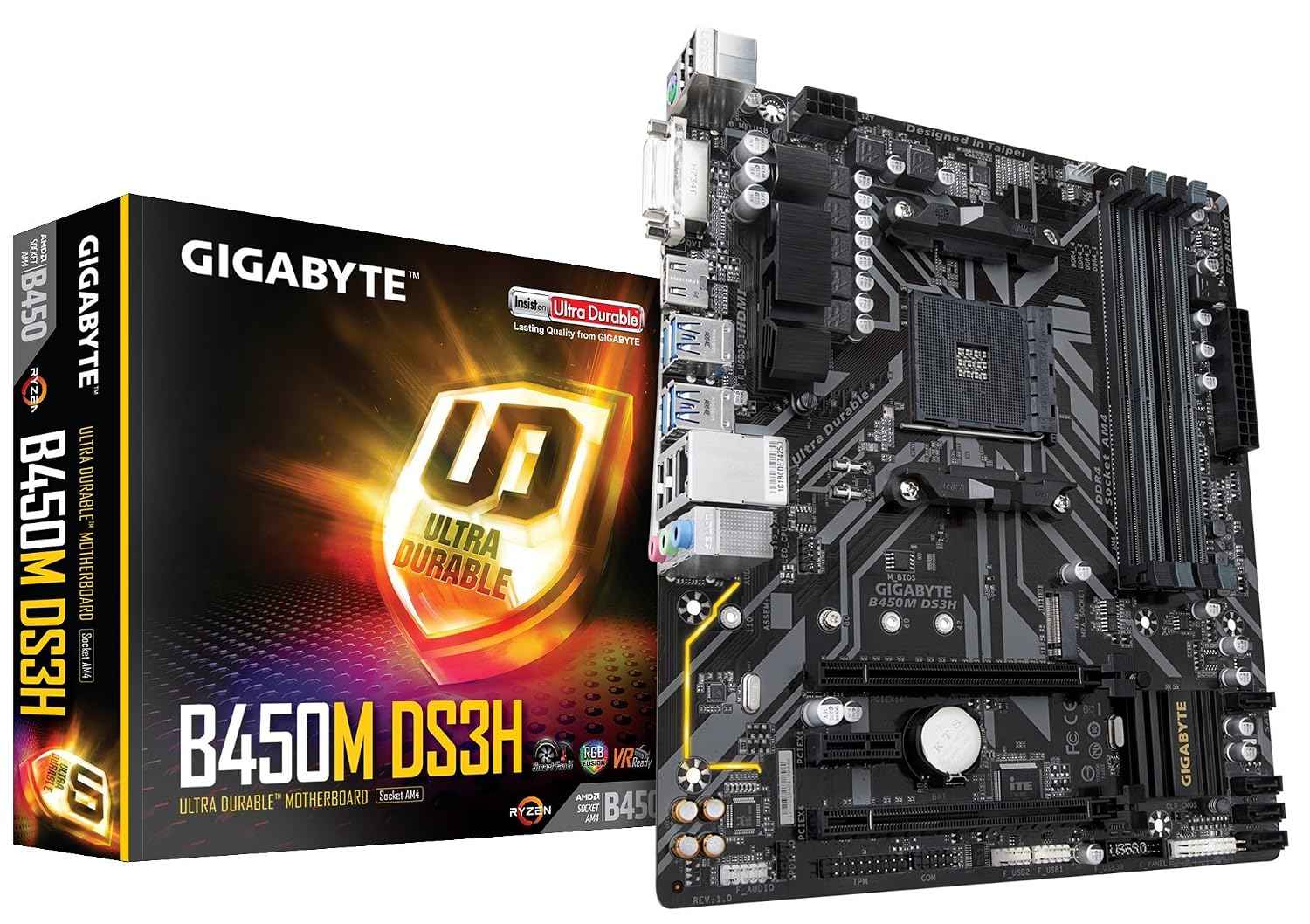 GIGABYTE B450M DS3H Ultra Durable Motherboard with Realtek GbE LAN with cFosSpeed, PCIe Gen3 x4 M.2, 7-Colors RGB LED Strips Support