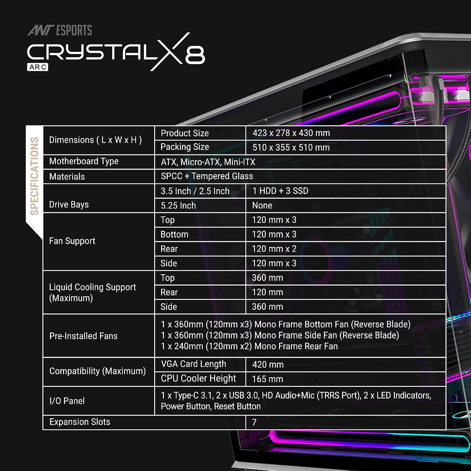 Ant Esports Crystal X8 Arc Mid Tower Gaming Cabinet | Panoramic 270° Tempered Glass, Supports BTF Back-Connect ATX Motherboards, Pre-Installed 8X 120mm ARGB Fans, 360mm AIO Support | Black