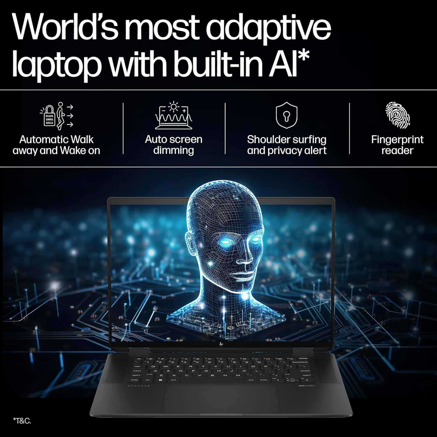HP Spectre x360, Enhanced by AI, Intel Core Ultra 7 155H, 16-inch (40.6 cm), OLED 400 nits 120Hz, 32GB, 2TB SSD, Touch w/Pen, 9MP IR Camera w/Shutter, Poly Studio (Win 11, Black, 1.95 kg), aa0665TU - Zapnet.in