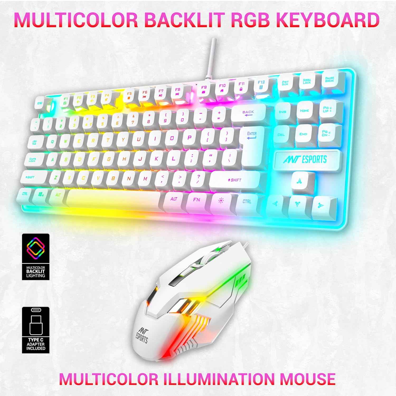 Ant Esports MK710 V2 Membrane TKL Wired Gaming Keyboard Mouse Combo 87 UV Coated Mechanical feel Keys Cool RGB Backlight Keyboard,1200-3600 DPI Aero-Jet RGB Gaming Mouse with Type C Adapter_ Mercury
