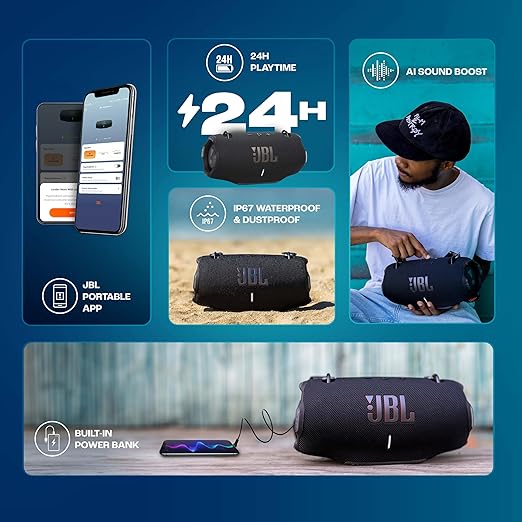 JBL Xtreme 4 Portable Bluetooth Speaker, ProSound with Powerful Bass Radiators, AI Sound Boost, Built-in Powerbank, Multispeaker Connection by Auracast, IP67, Replacable Battery, Fast Charging (BLACK) - Zapnet.in