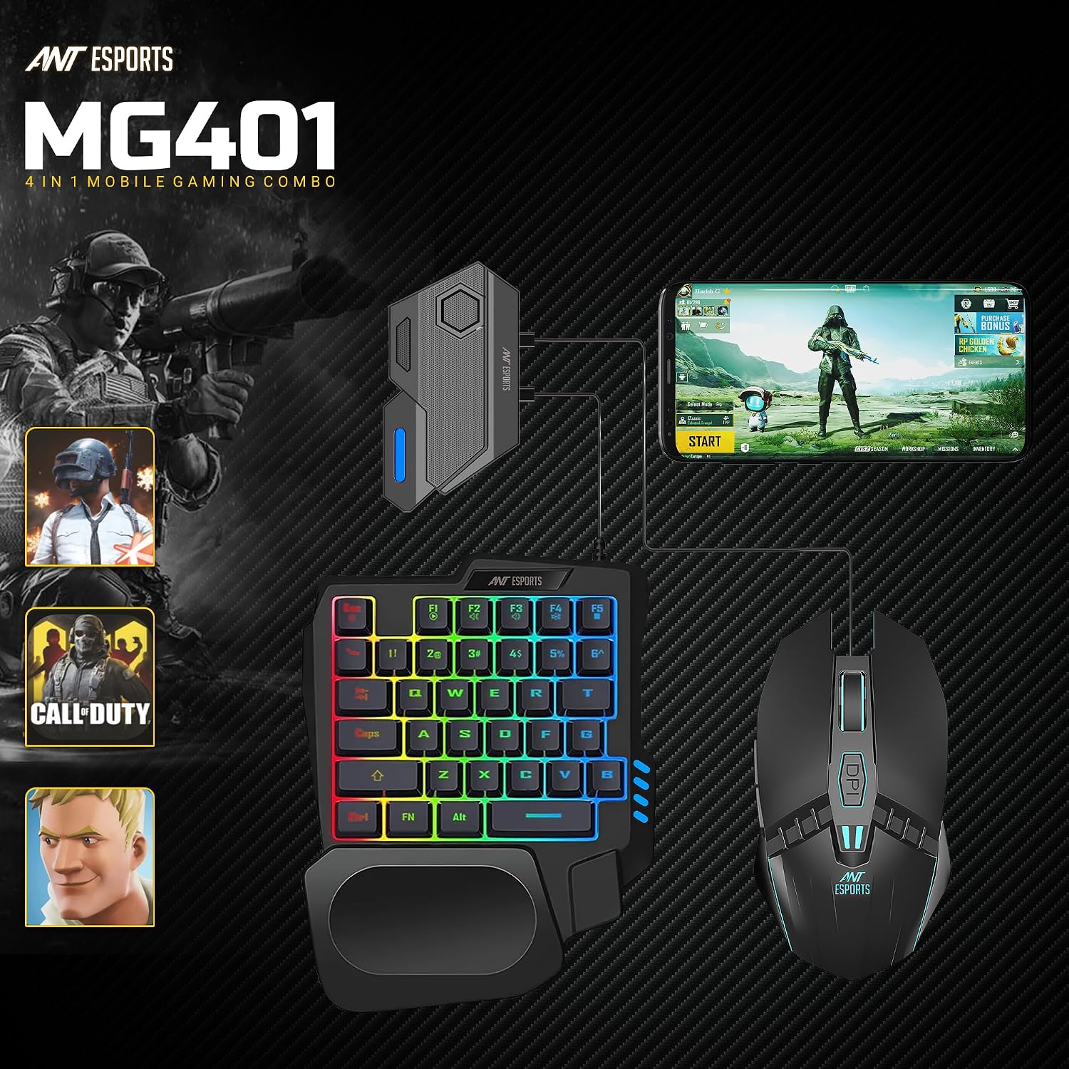 Ant Esports MG401 4-in-1 RGB Keyboard & Mouse Combo with One-Hand Keypad, 3600 DPI Optical Mouse, Bluetooth Receiver & Phone Stand for Android, BGMI, Free Fire & Call of Duty