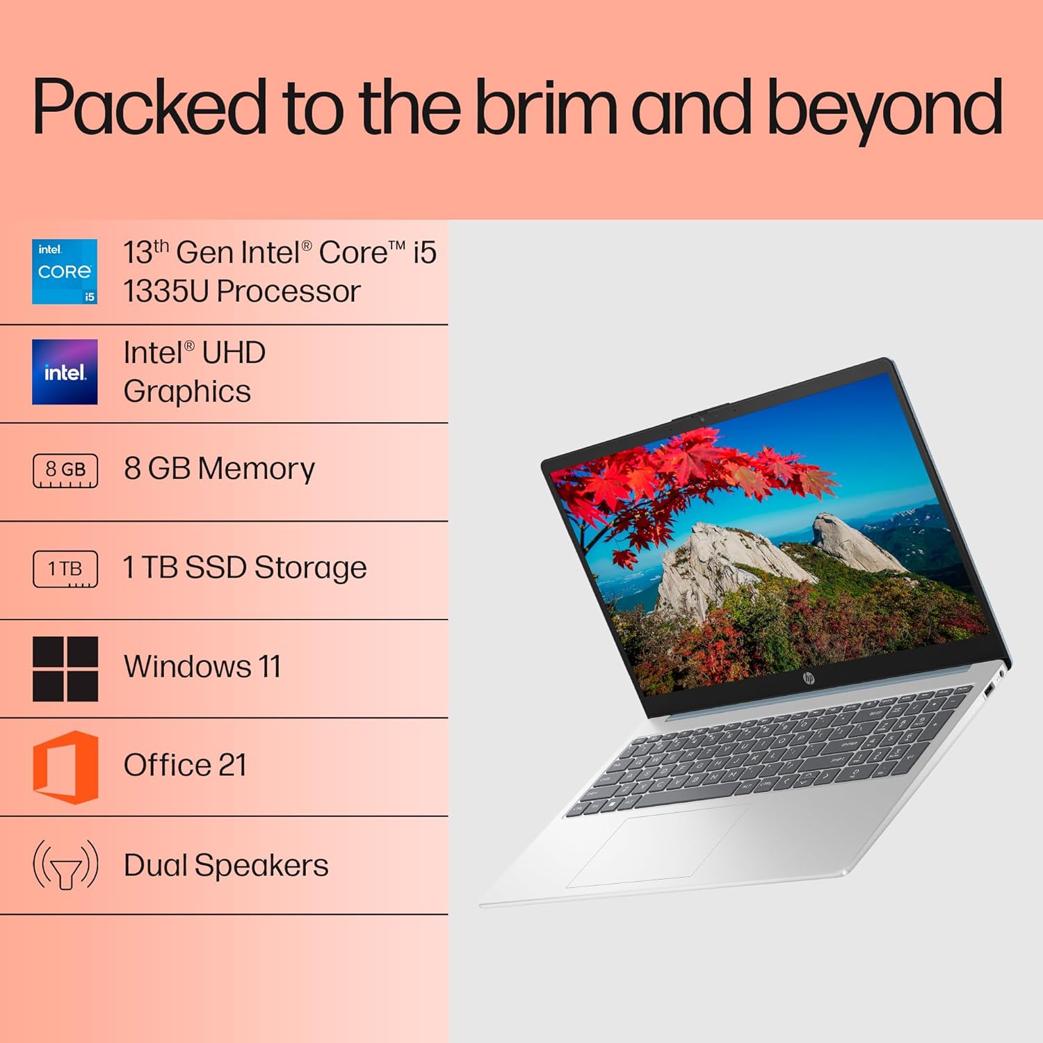 HP 15, 13th Gen Intel Core i5-1335U, 8GB DDR4, 512GB SSD, (Win 11, Office 21, Blue, 1.6kg), Anti-Glare, Micro-Edge, 15.6-inch(39.6cm), FHD Laptop, Intel UHD Graphics, 1080p FHD Camera, fd0021tu