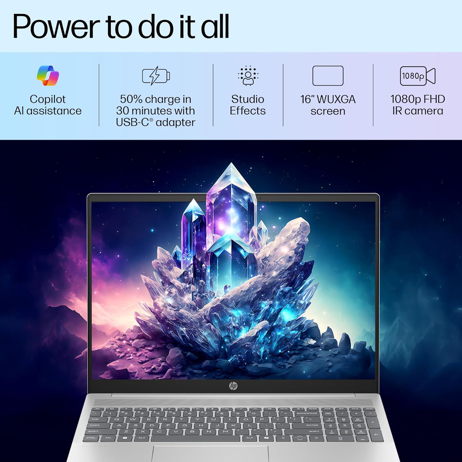 HP Pavilion AI Laptop, Intel Core Ultra 5 125U, 10-12 TOPS, 16GB DDR5, 512GB SSD, IPS, Anti-glare, 2K, WUXGA, 16inch (40cm), Intel graphics, 1080p FHD camera (Win11, Office21, Silver, 1.77kg) af0015TU