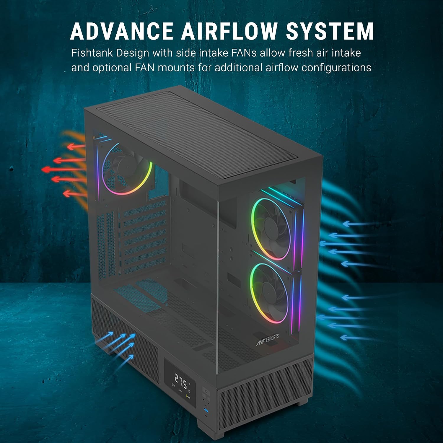 Ant Esports Crystal X3 LCD Mid-Tower ATX Computer Case/Gaming Cabinet - Black | Support ATX, Micro-ATX, Mini-ITX | Pre-Installed 3 ARGB Fans